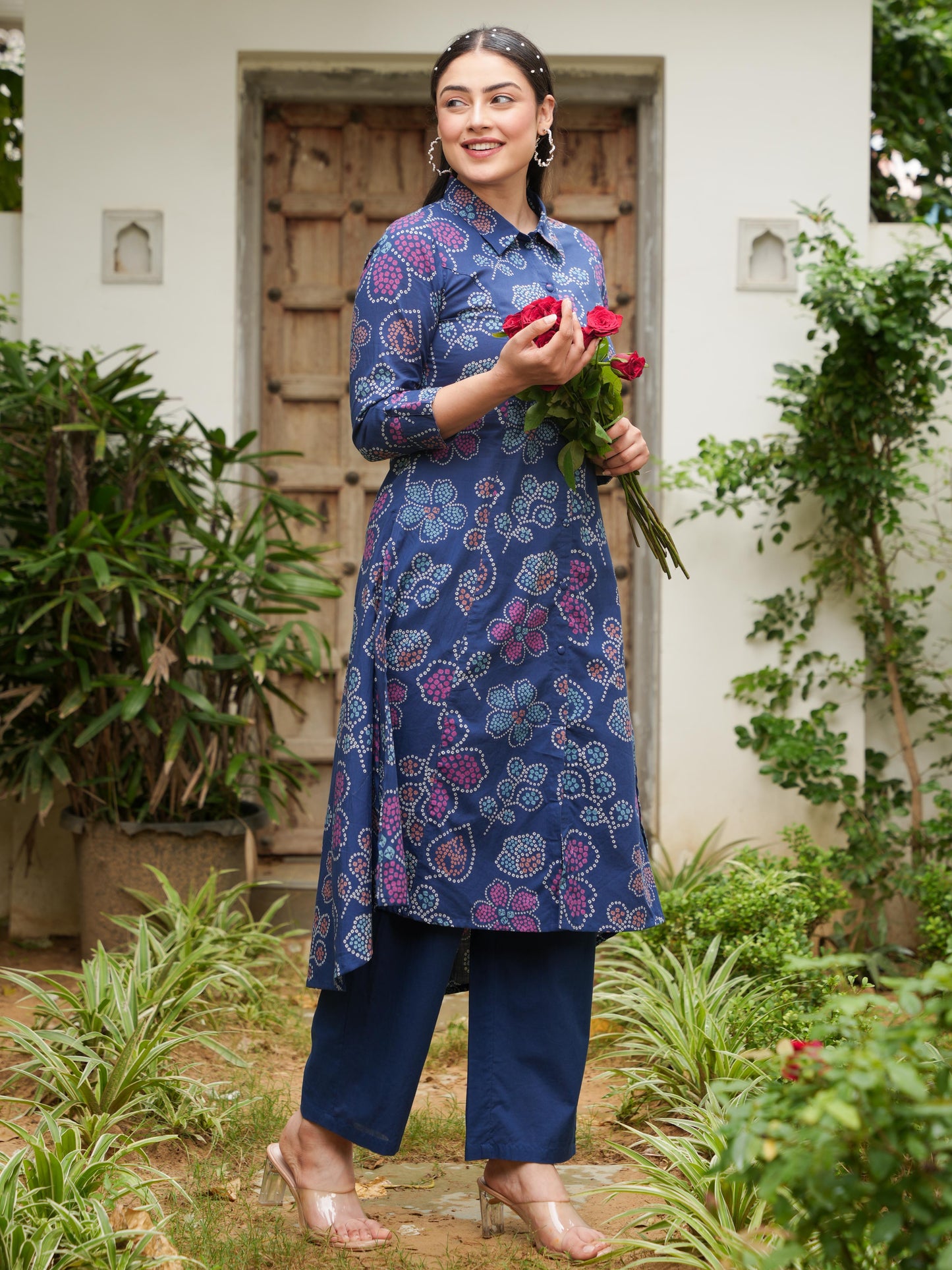 Soft Cotton Bandhani High Low Blue Kurta