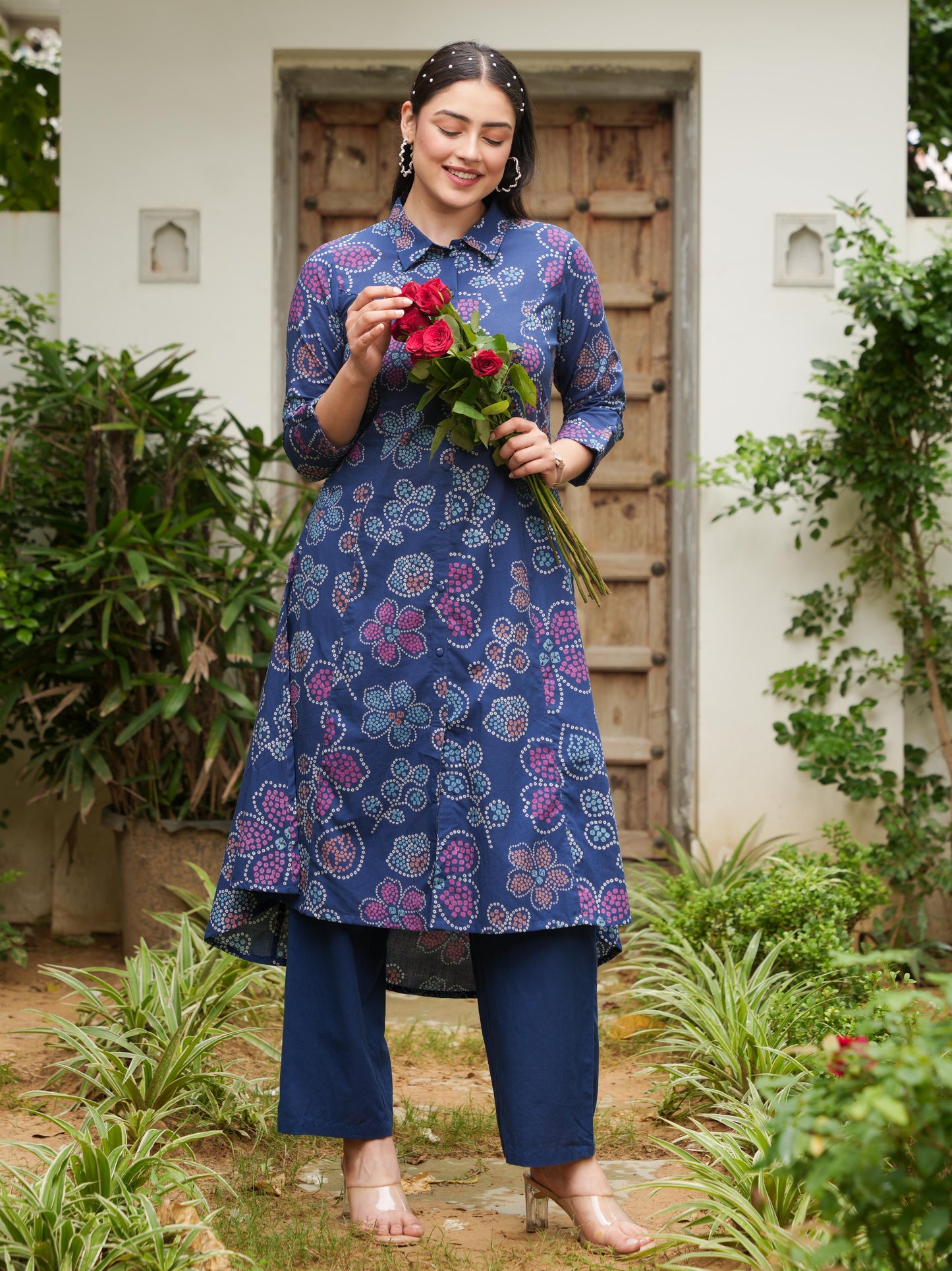 Soft Cotton Bandhani High Low Blue Kurta