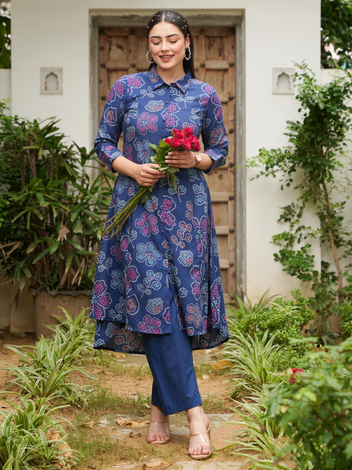 Soft Cotton Bandhani High Low Blue Kurta