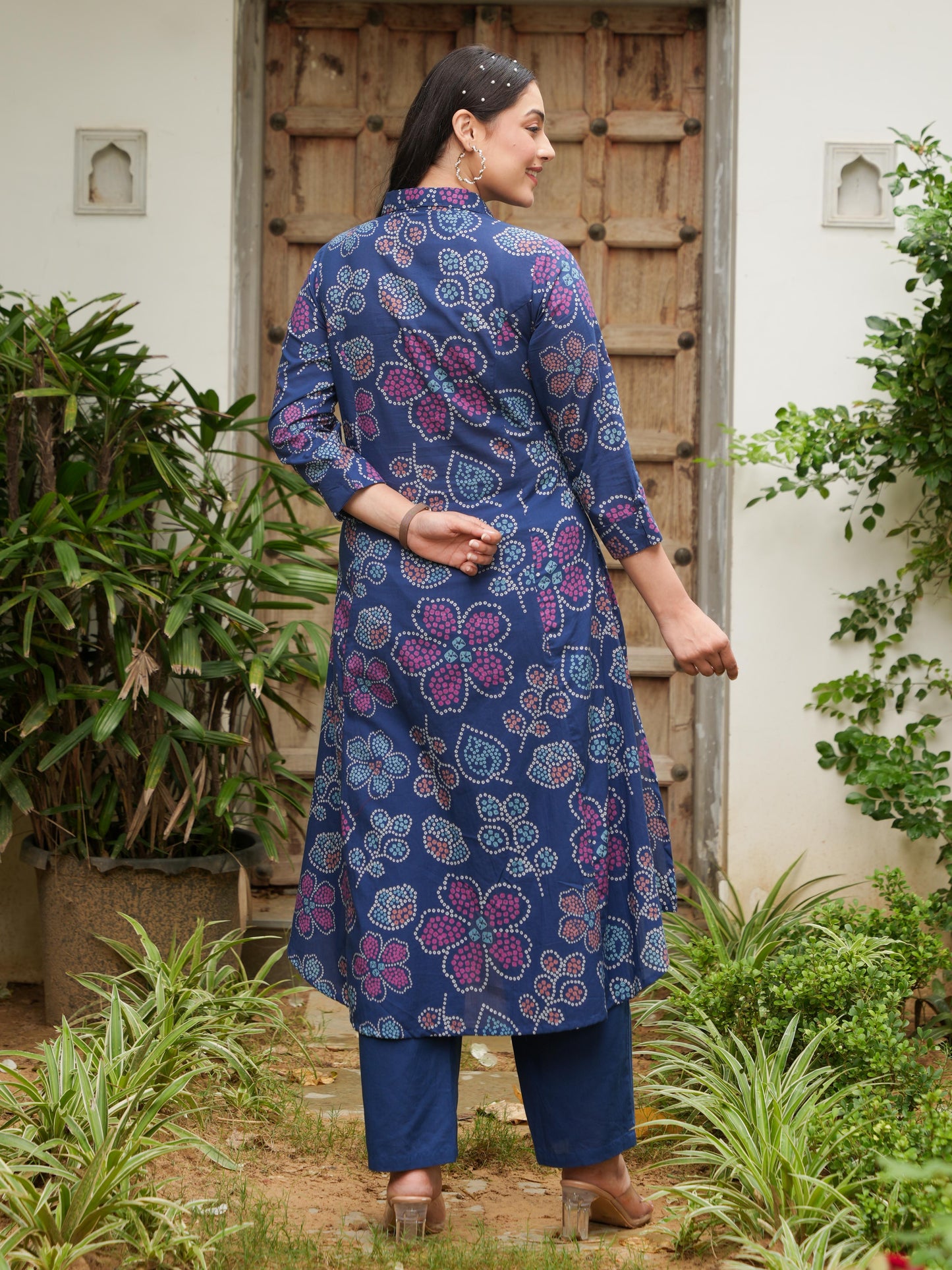 Soft Cotton Bandhani High Low Blue Kurta