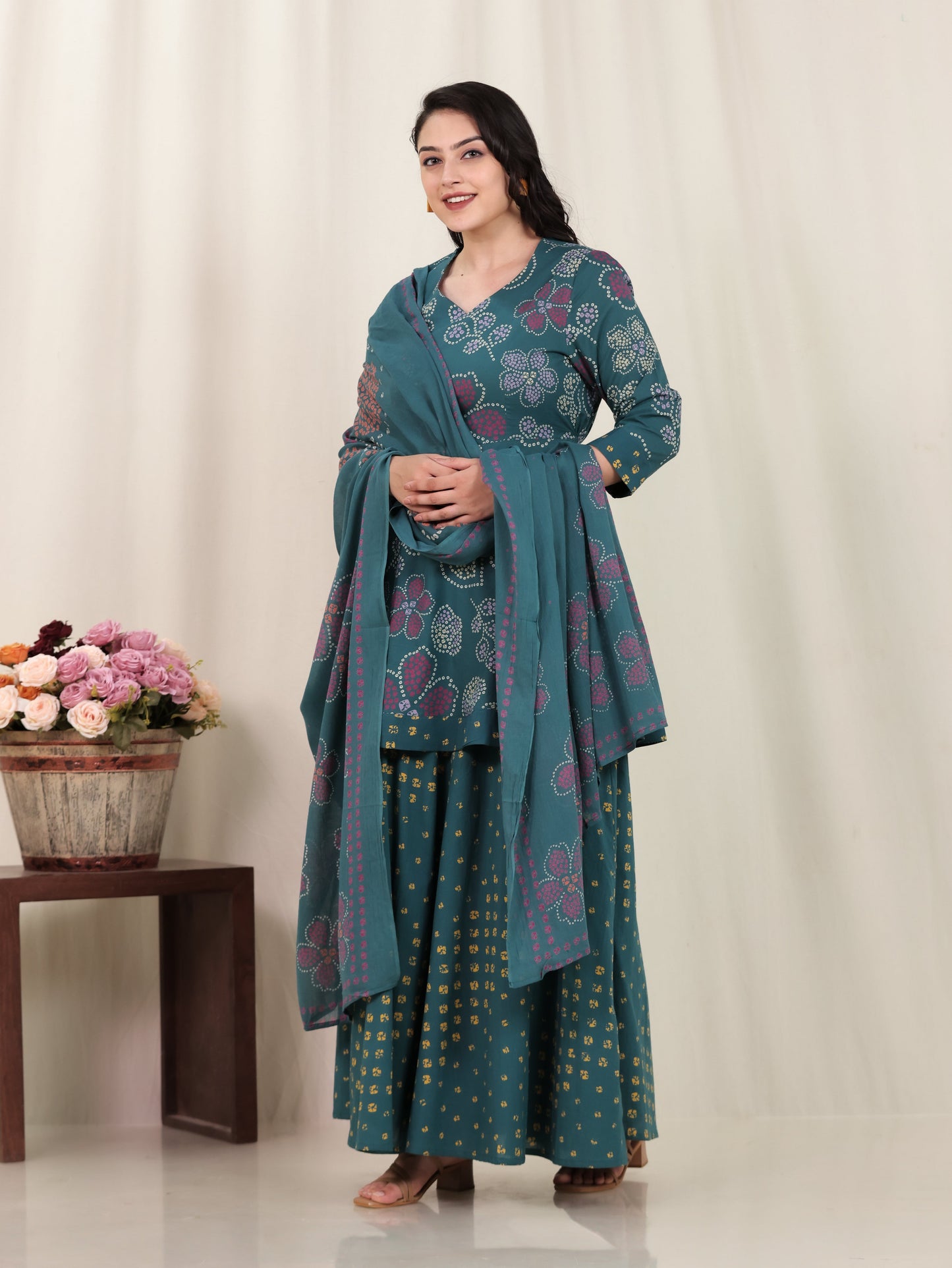 Soft Cotton Bandhani Anarkali Green Kurta