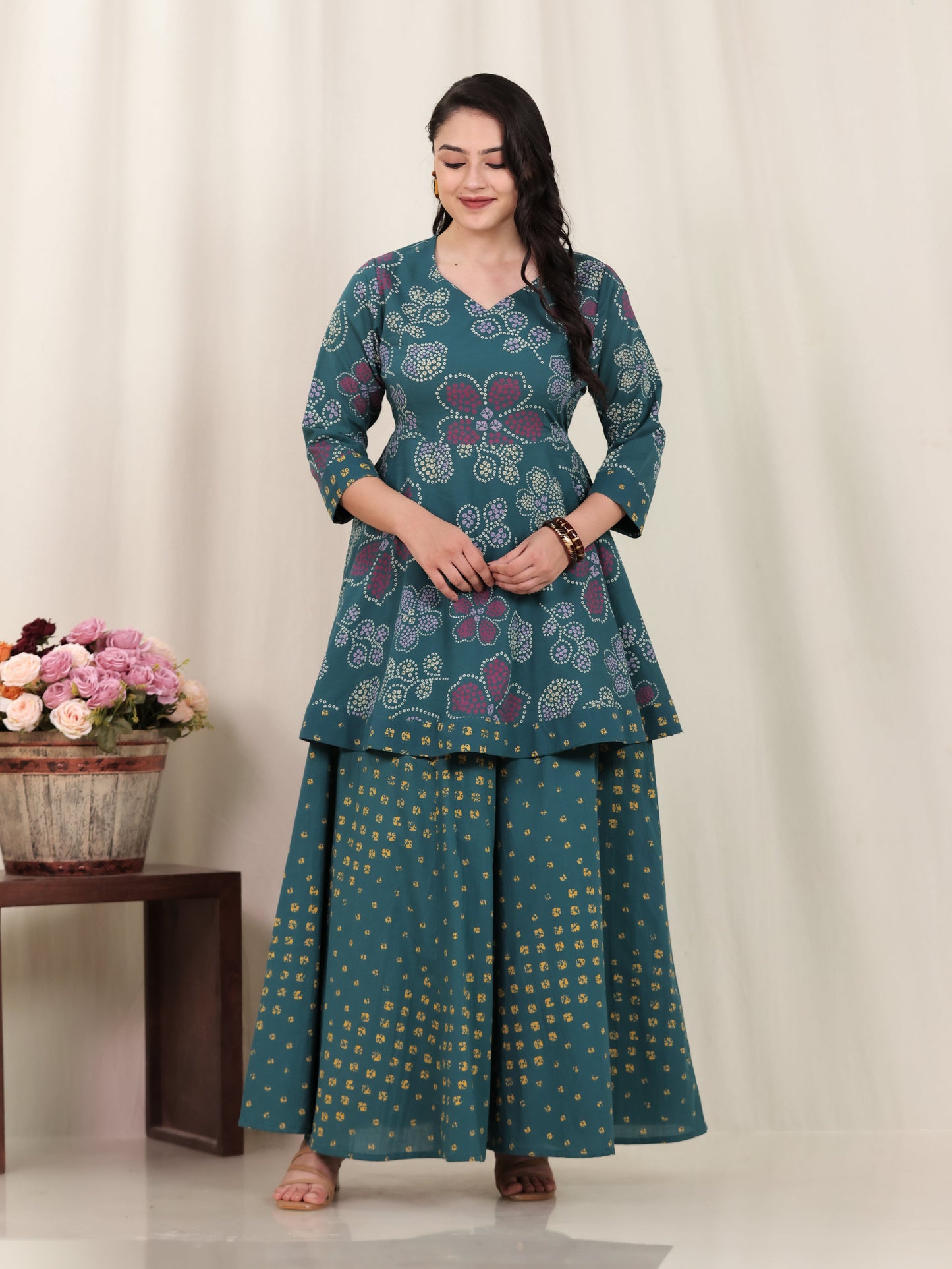 Soft Cotton Bandhani Anarkali Green Kurta