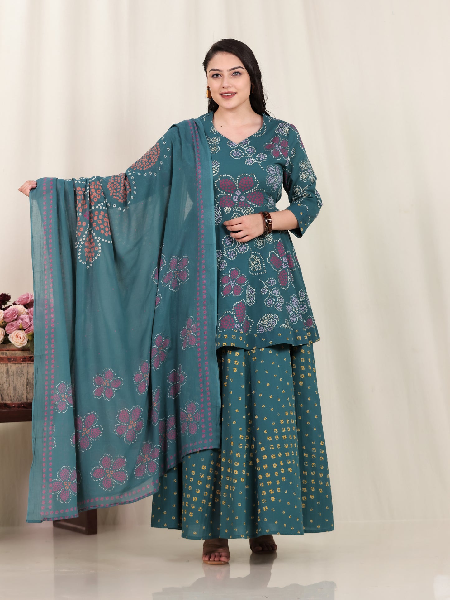 Soft Cotton Bandhani Anarkali Green Kurta