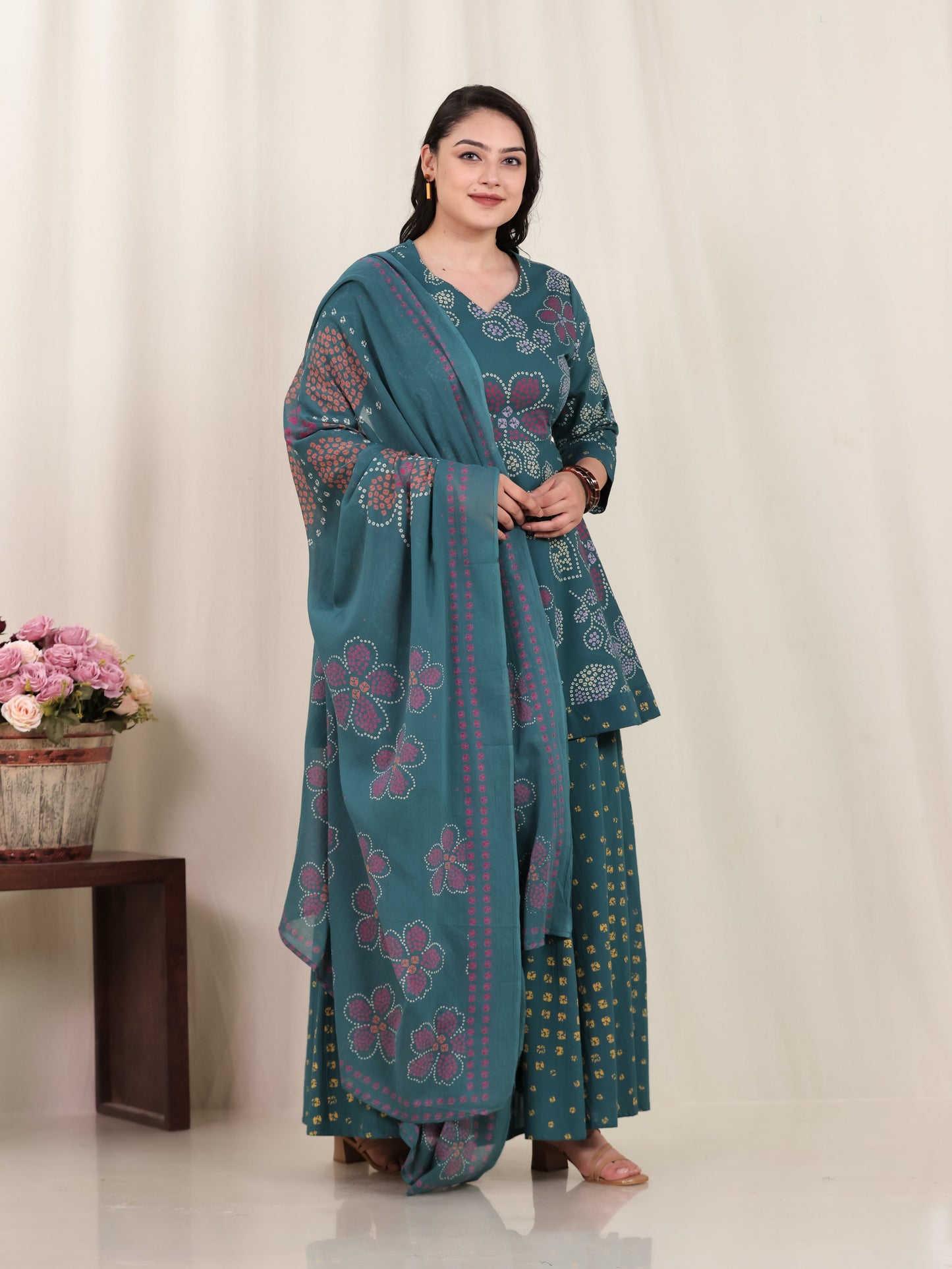 Soft Cotton Bandhani Anarkali Green Kurta