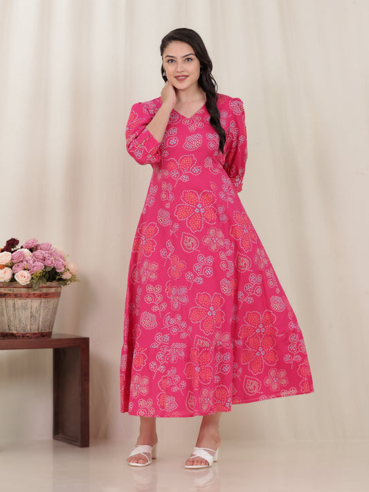 Soft Cotton Bandhani Anarkali Pink Dress