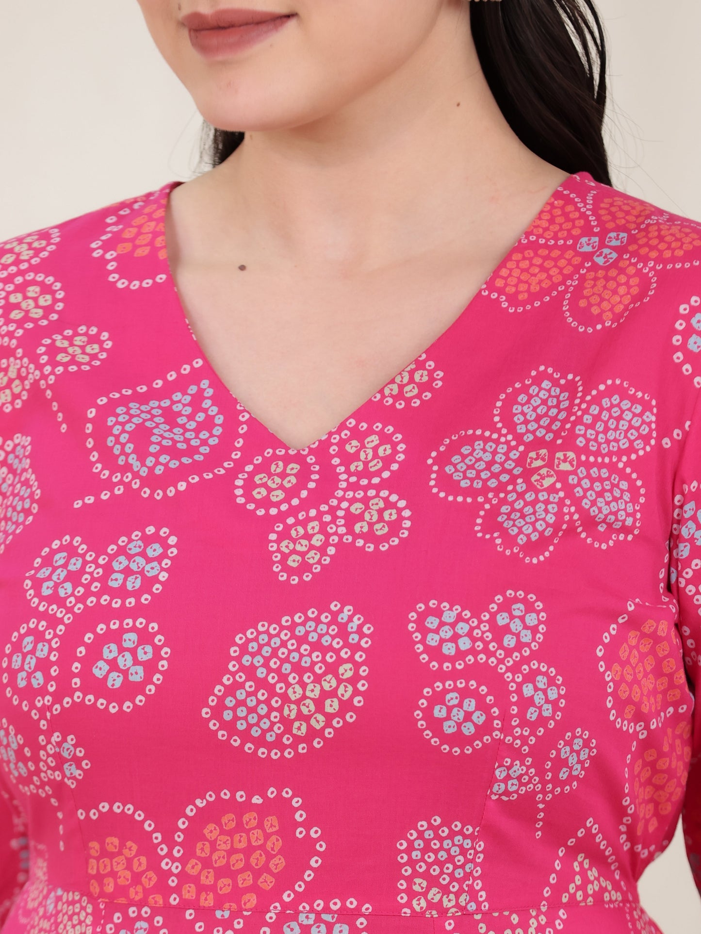 Soft Cotton Bandhani Anarkali Pink Dress