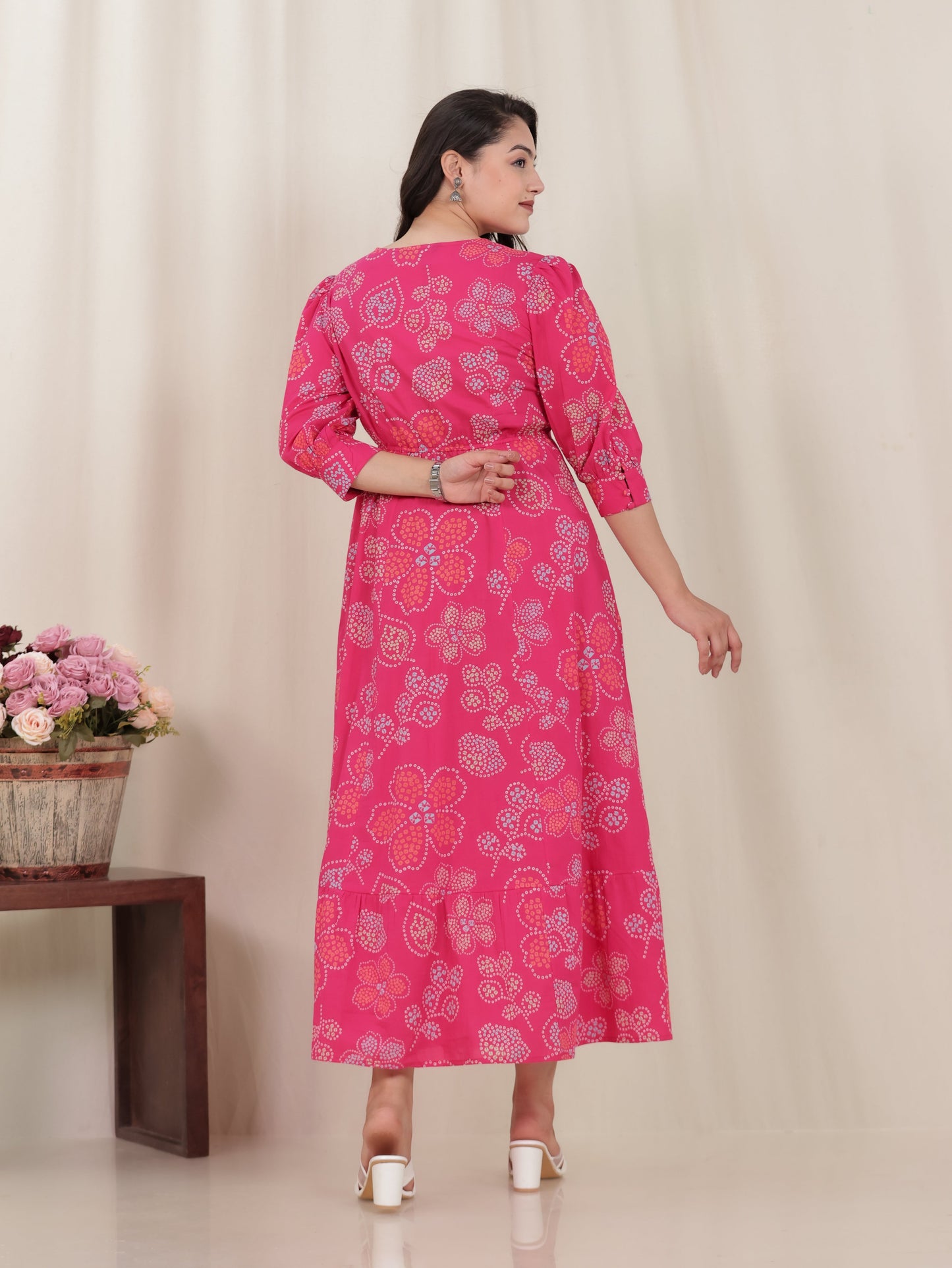 Soft Cotton Bandhani Anarkali Pink Dress