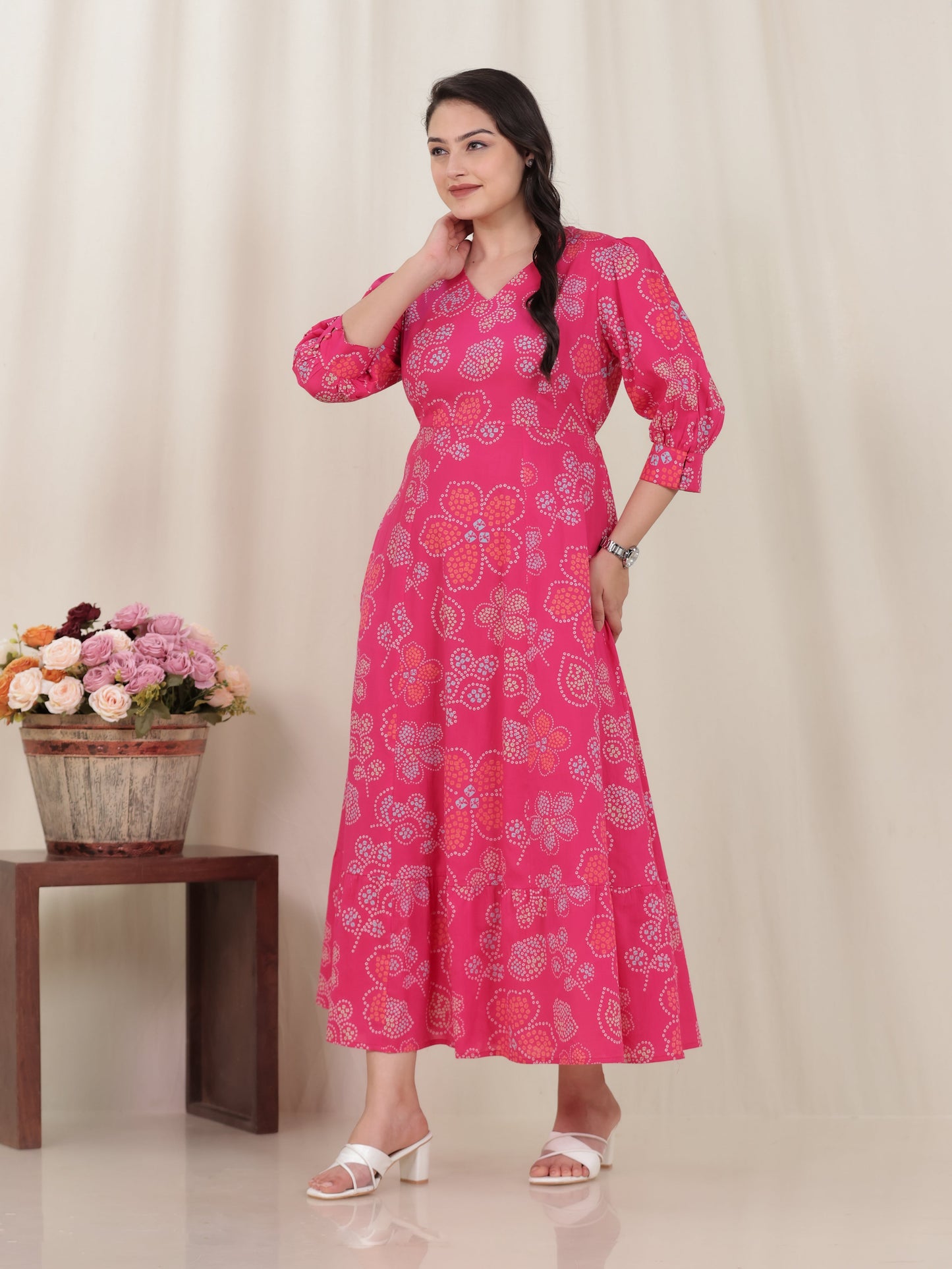 Soft Cotton Bandhani Anarkali Pink Dress