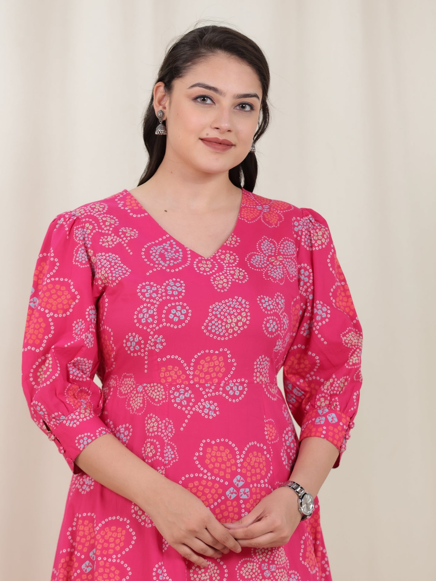 Soft Cotton Bandhani Anarkali Pink Dress