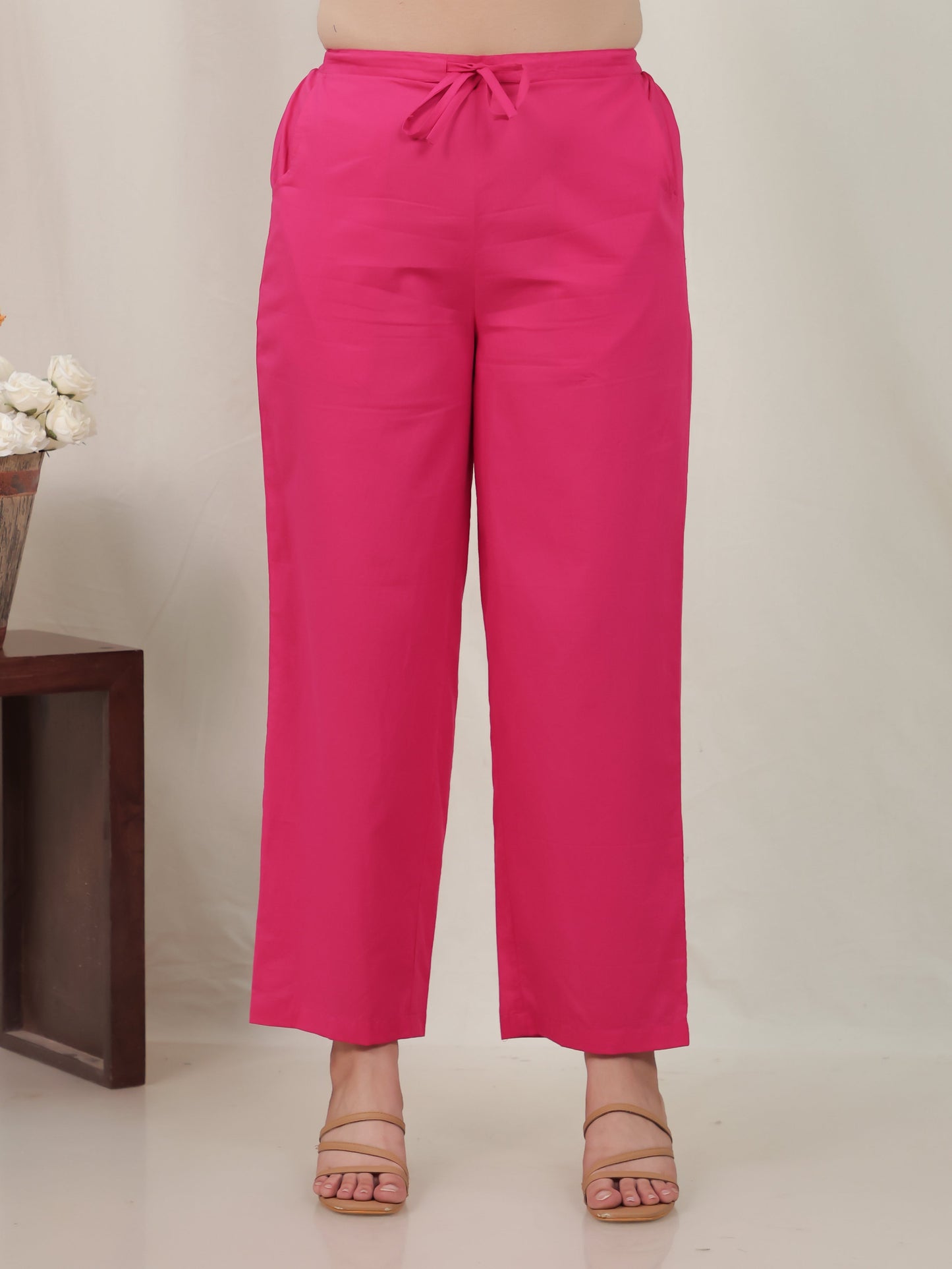 Soft Cotton Bandhani Pink Straight Trousers