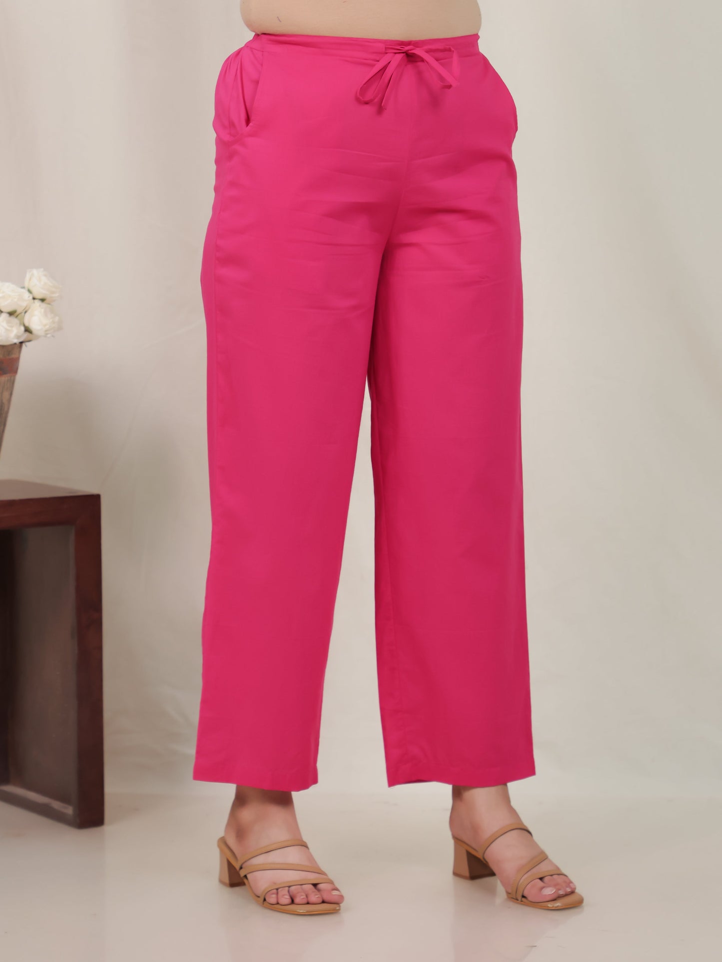 Soft Cotton Bandhani Pink Straight Trousers