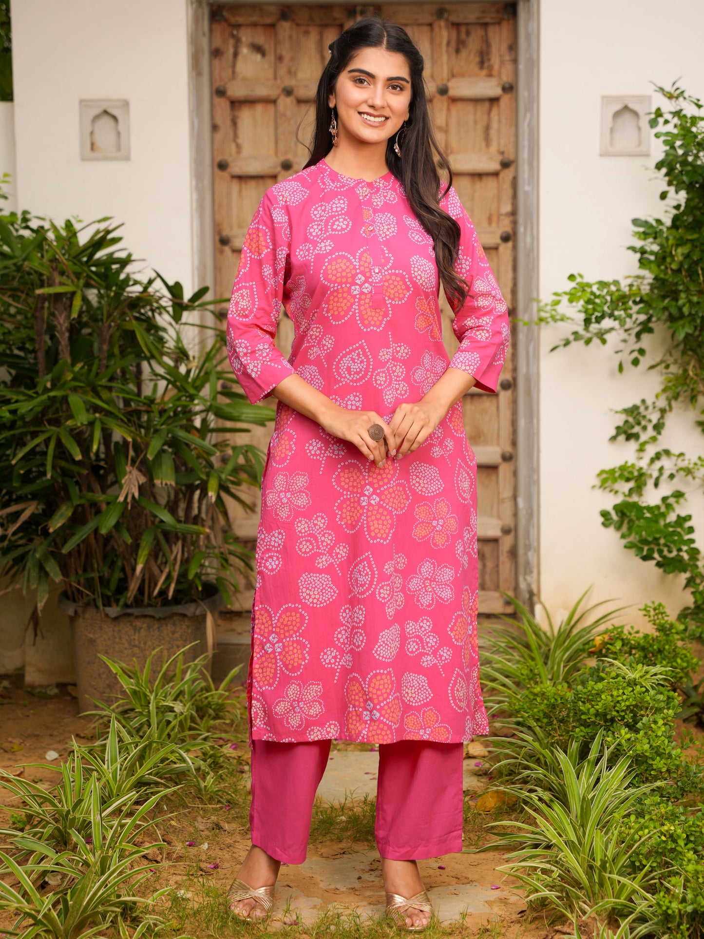 Soft Cotton Bandhani Straight Pink Kurta
