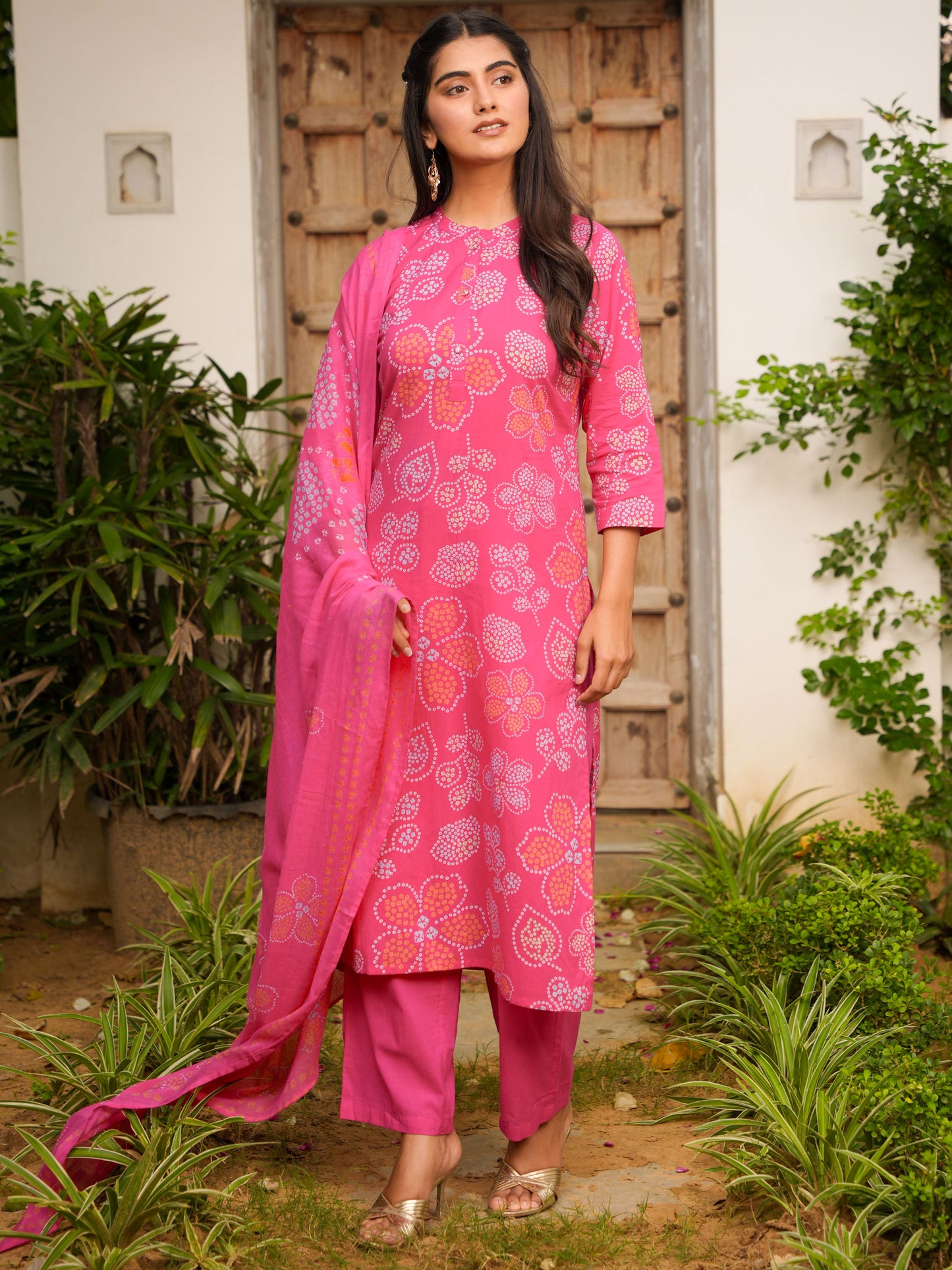 Soft Cotton Bandhani Straight Pink Kurta