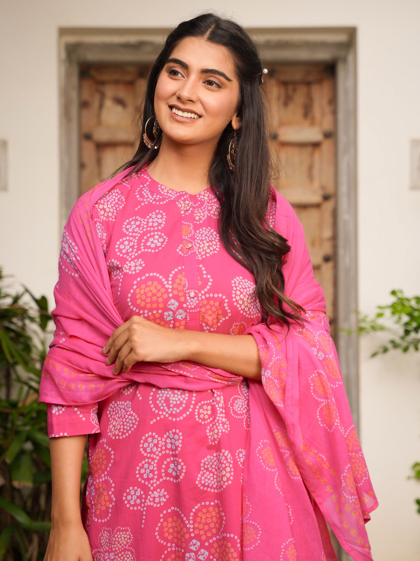 Soft Cotton Bandhani Straight Pink Kurta