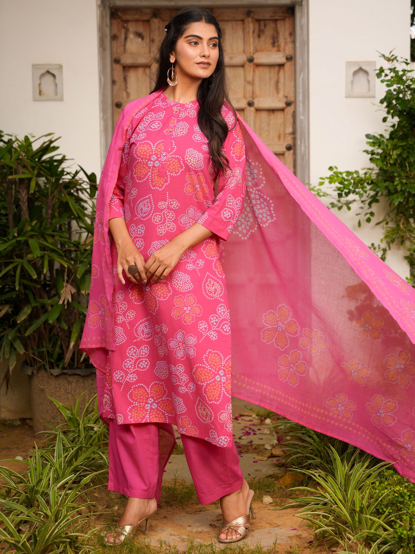 Soft Cotton Bandhani Straight Pink Kurta