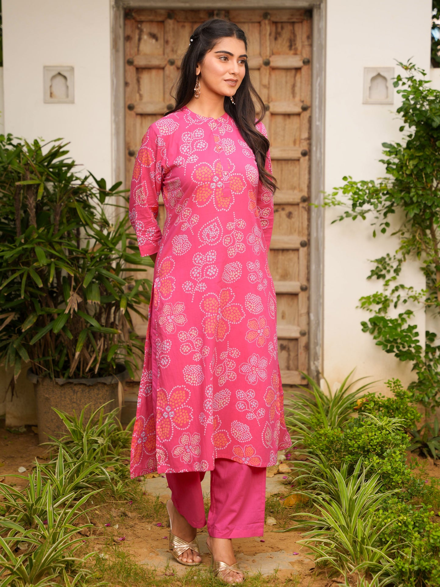 Soft Cotton Bandhani Straight Pink Kurta
