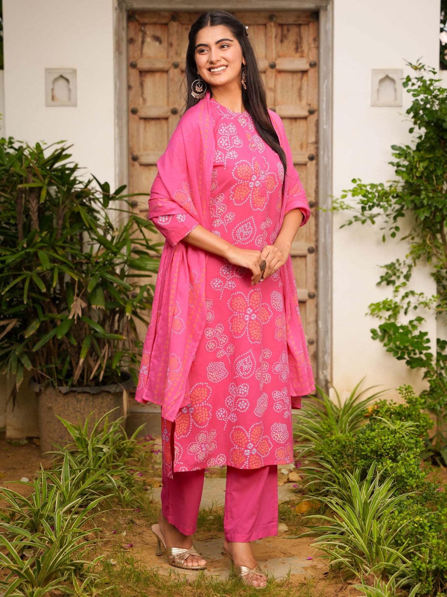 Soft Cotton Bandhani Straight Pink Kurta