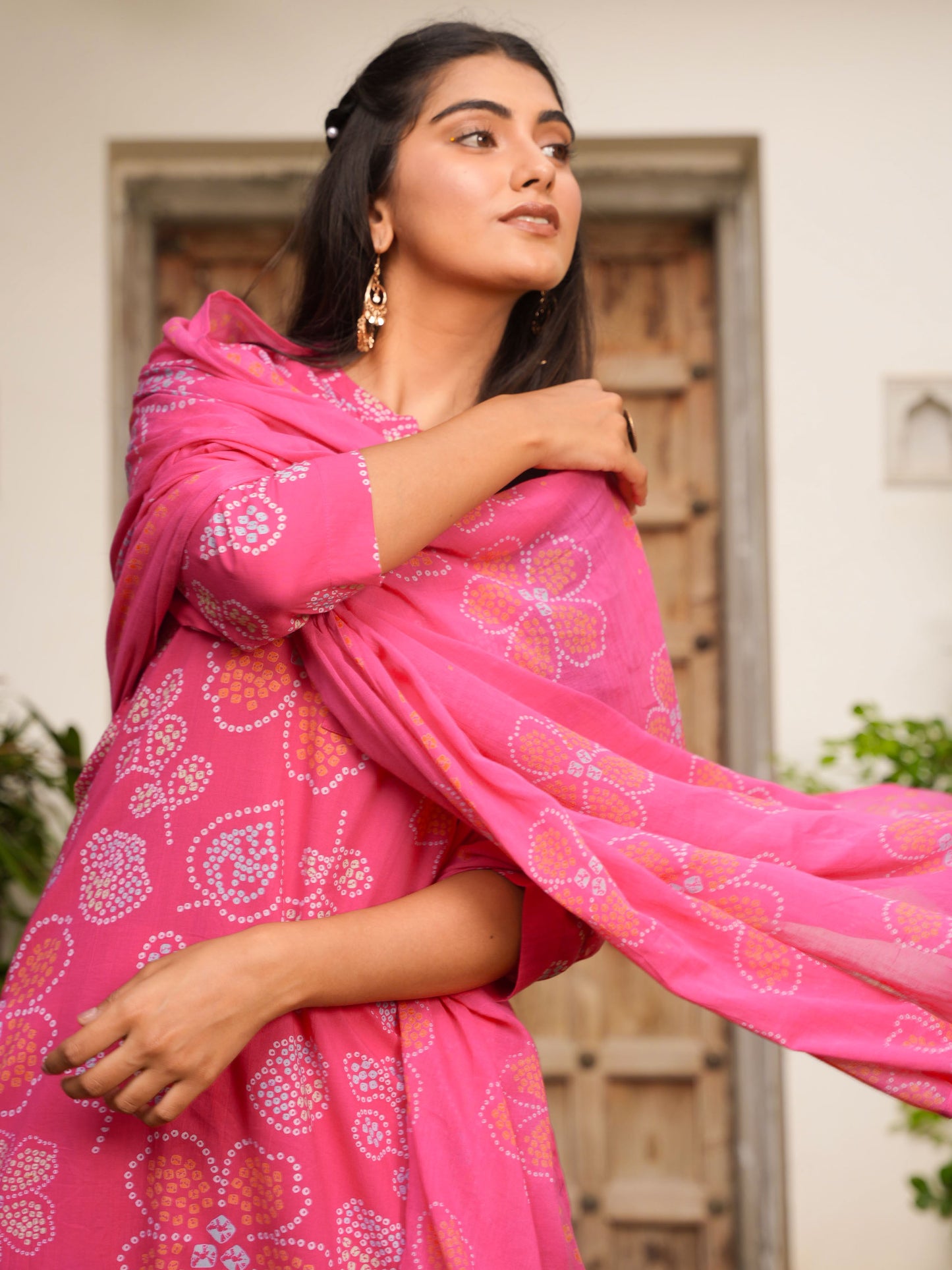 Soft Cotton Bandhani Straight Pink Kurta