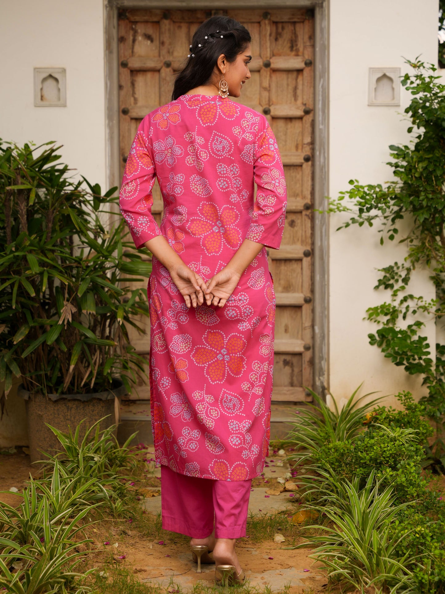Soft Cotton Bandhani Straight Pink Kurta