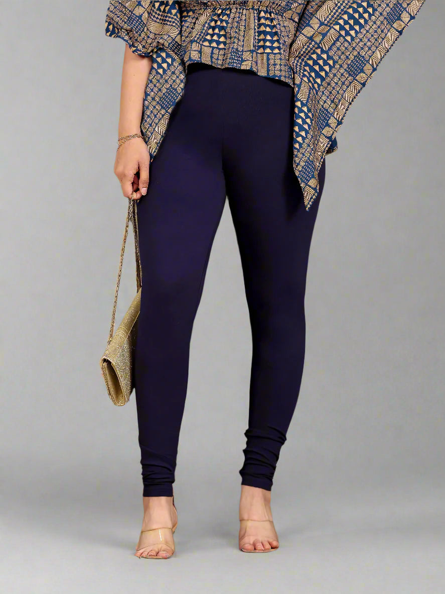 Stretchable Cotton Solid Navy Blue Leggings