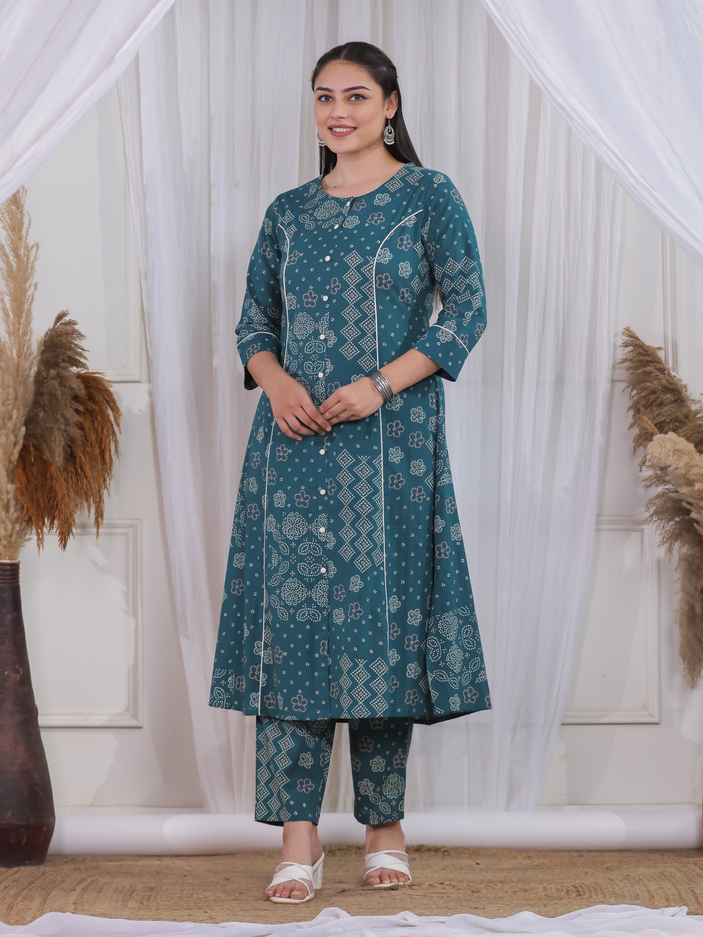 Soft Cotton Patchwork A-line Green Kurta