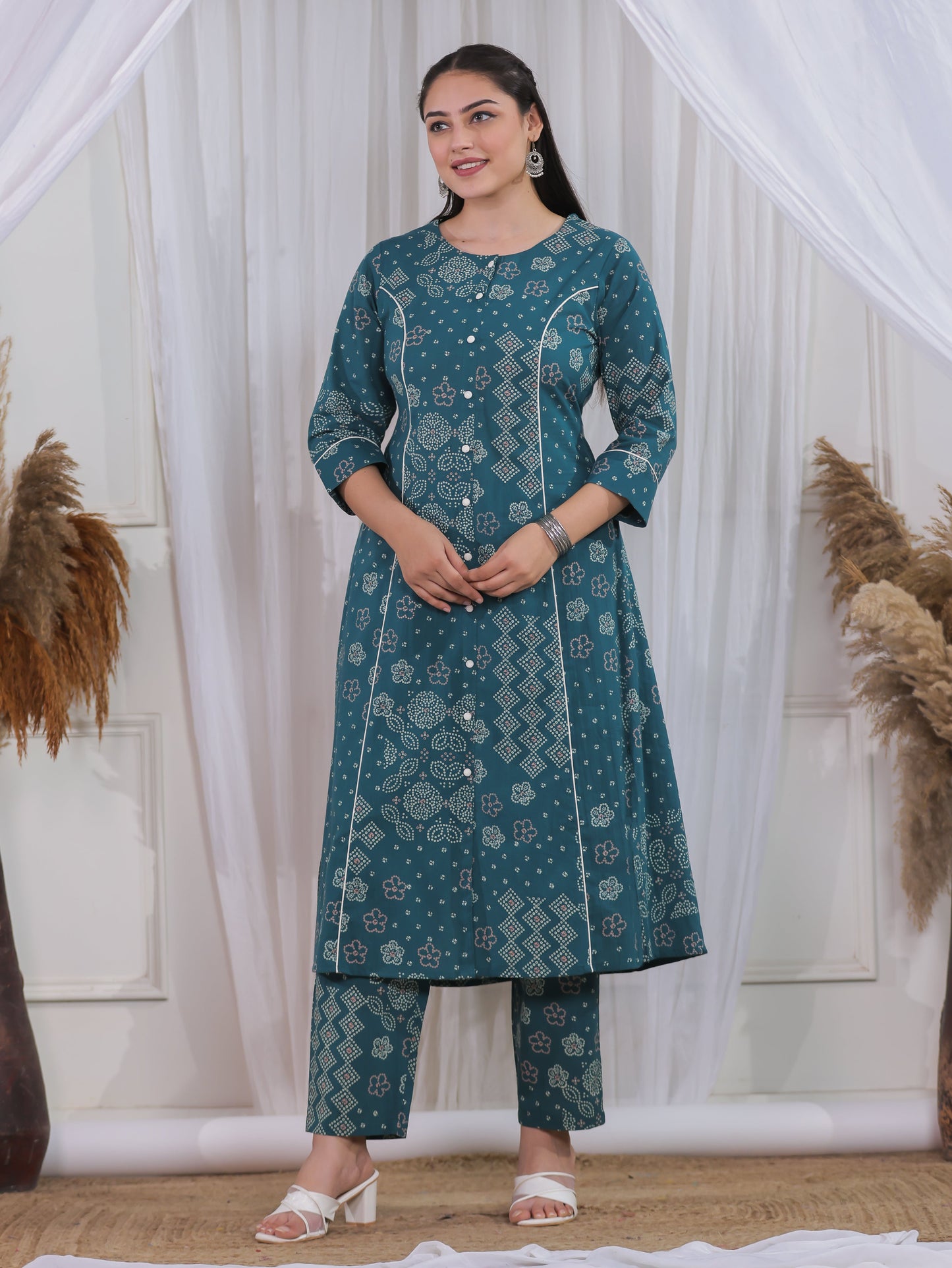 Soft Cotton Patchwork A-line Green Kurta