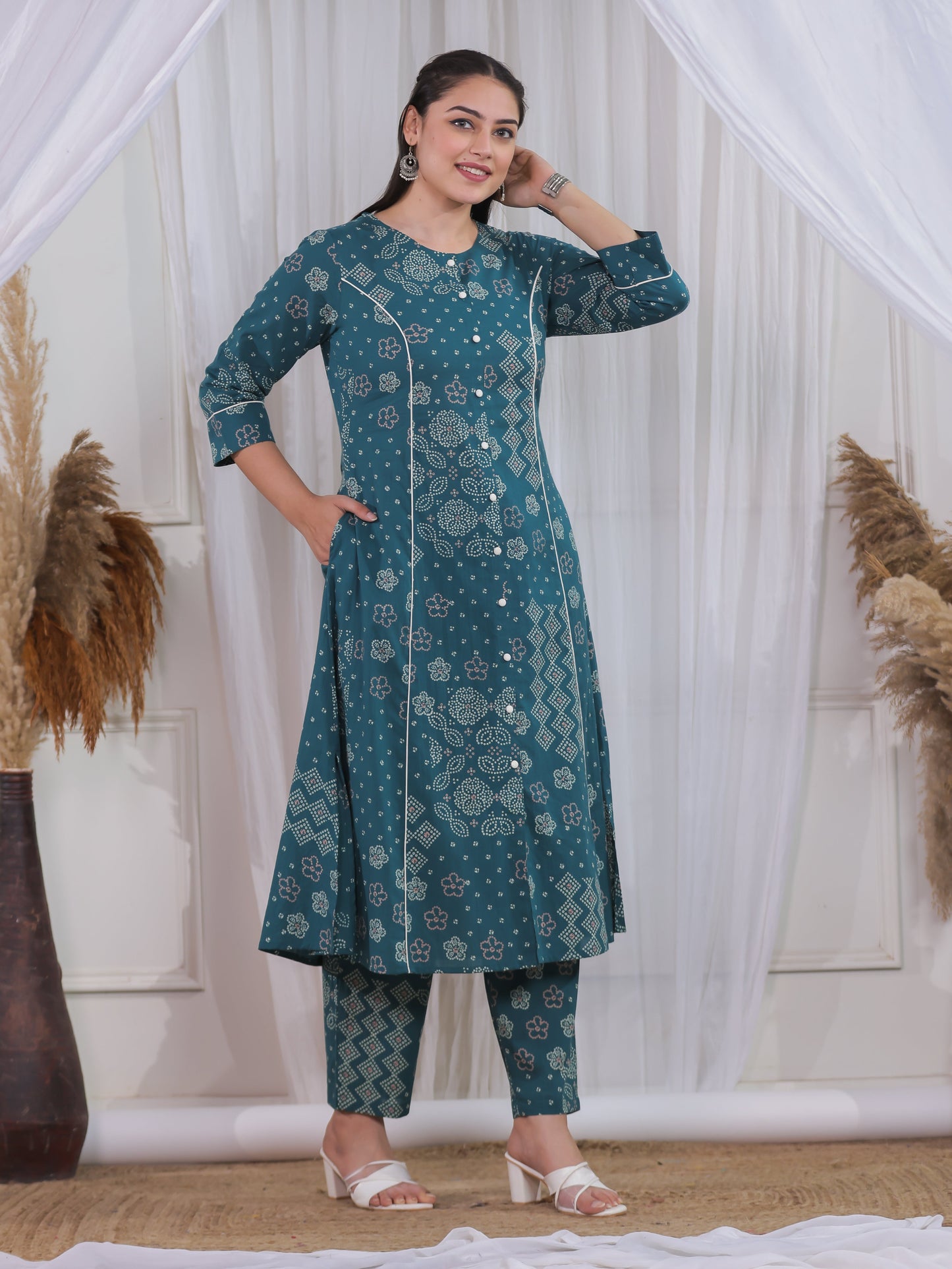 Soft Cotton Patchwork A-line Green Kurta