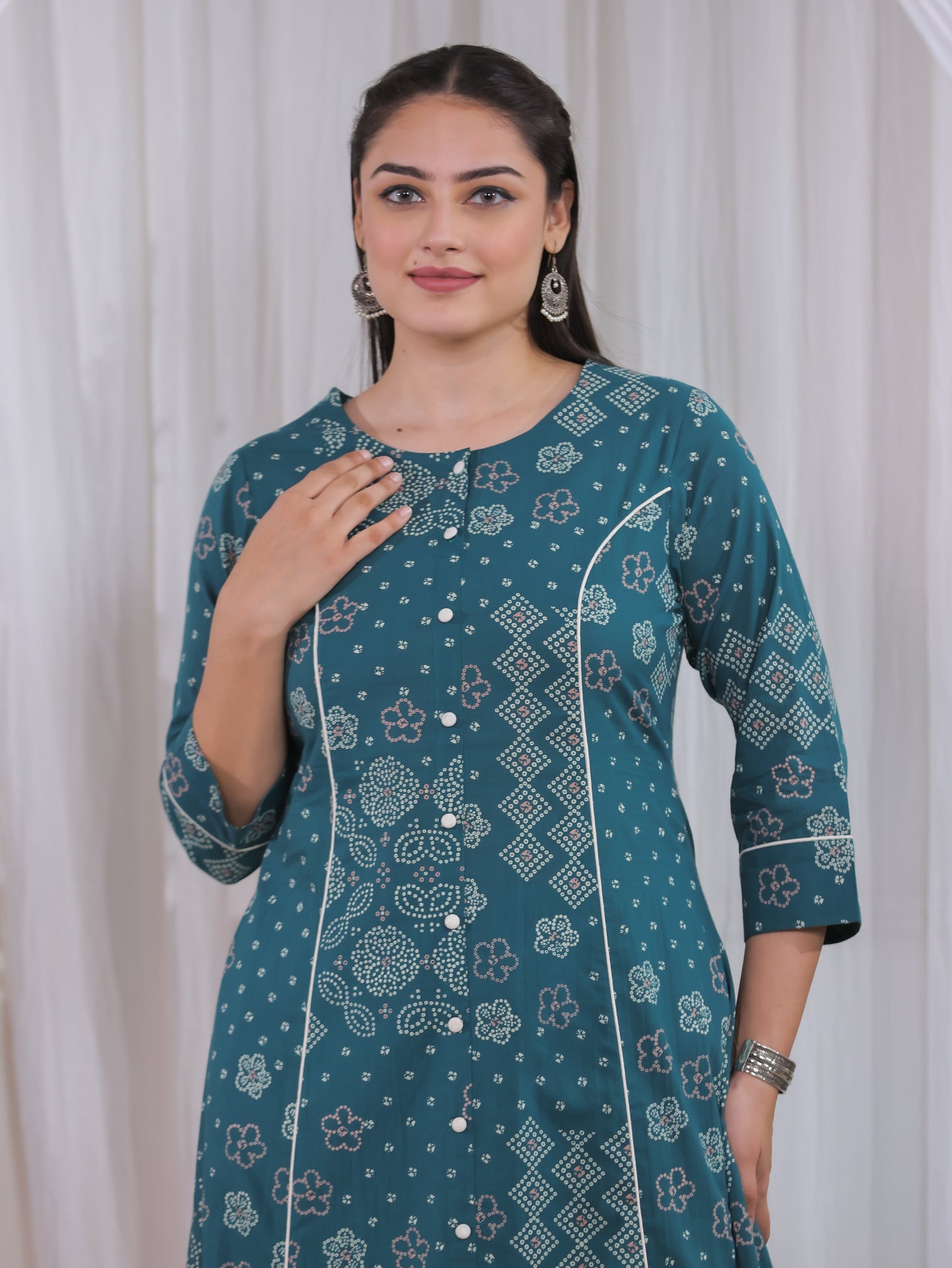Soft Cotton Patchwork A-line Green Kurta