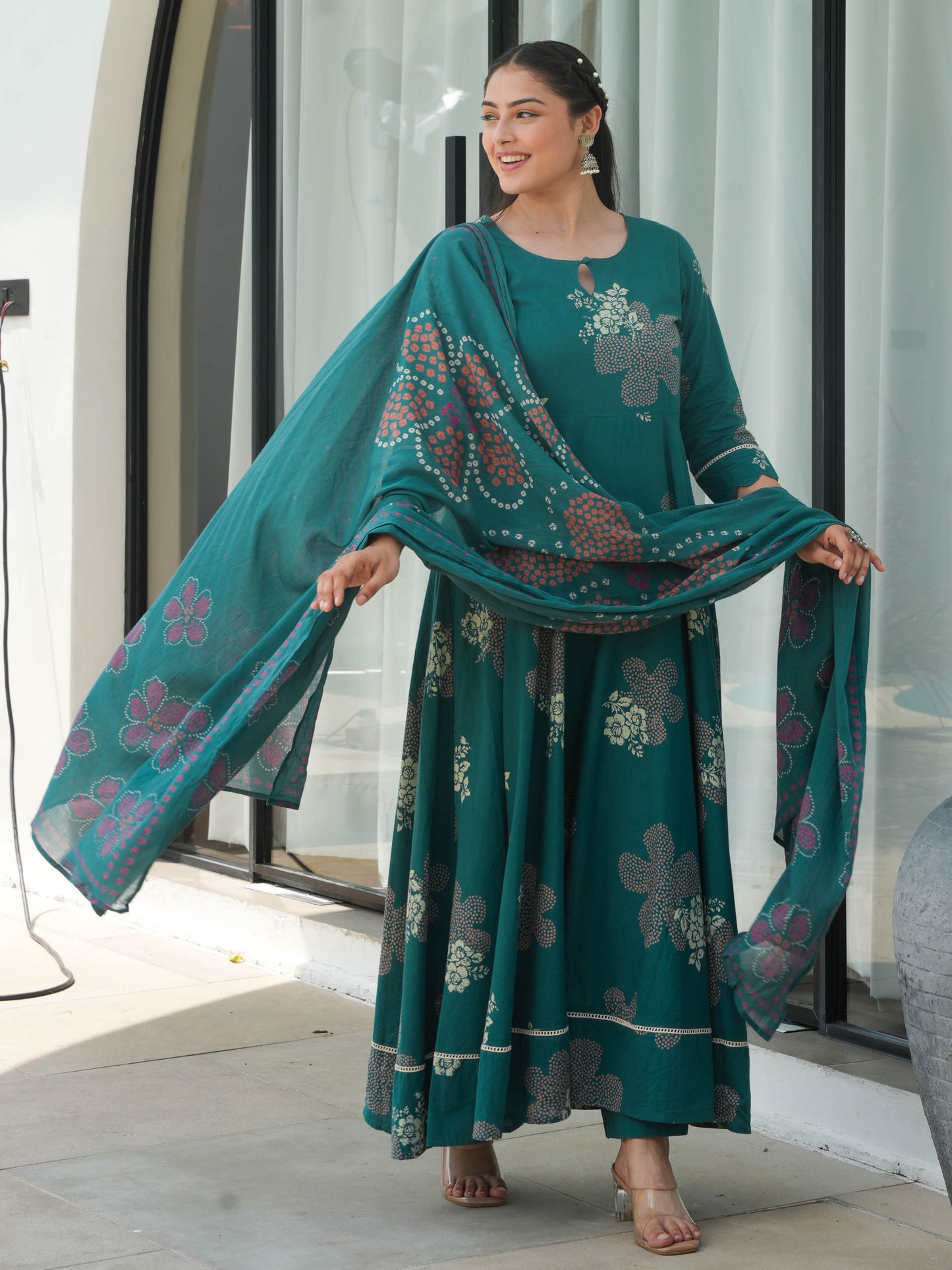 Soft Cotton Floral Anarkali Green Kurta