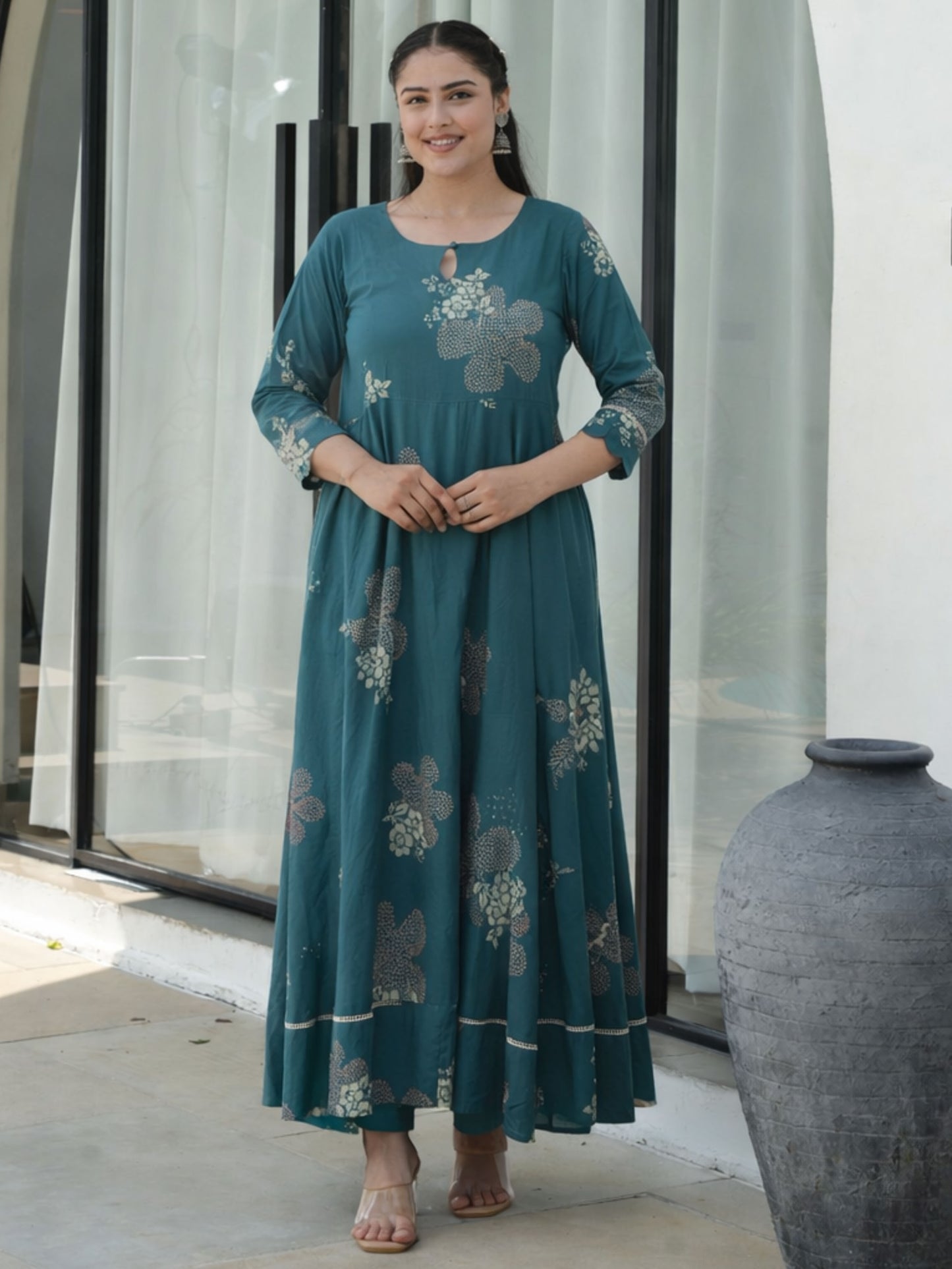 Soft Cotton Floral Anarkali Green Kurta