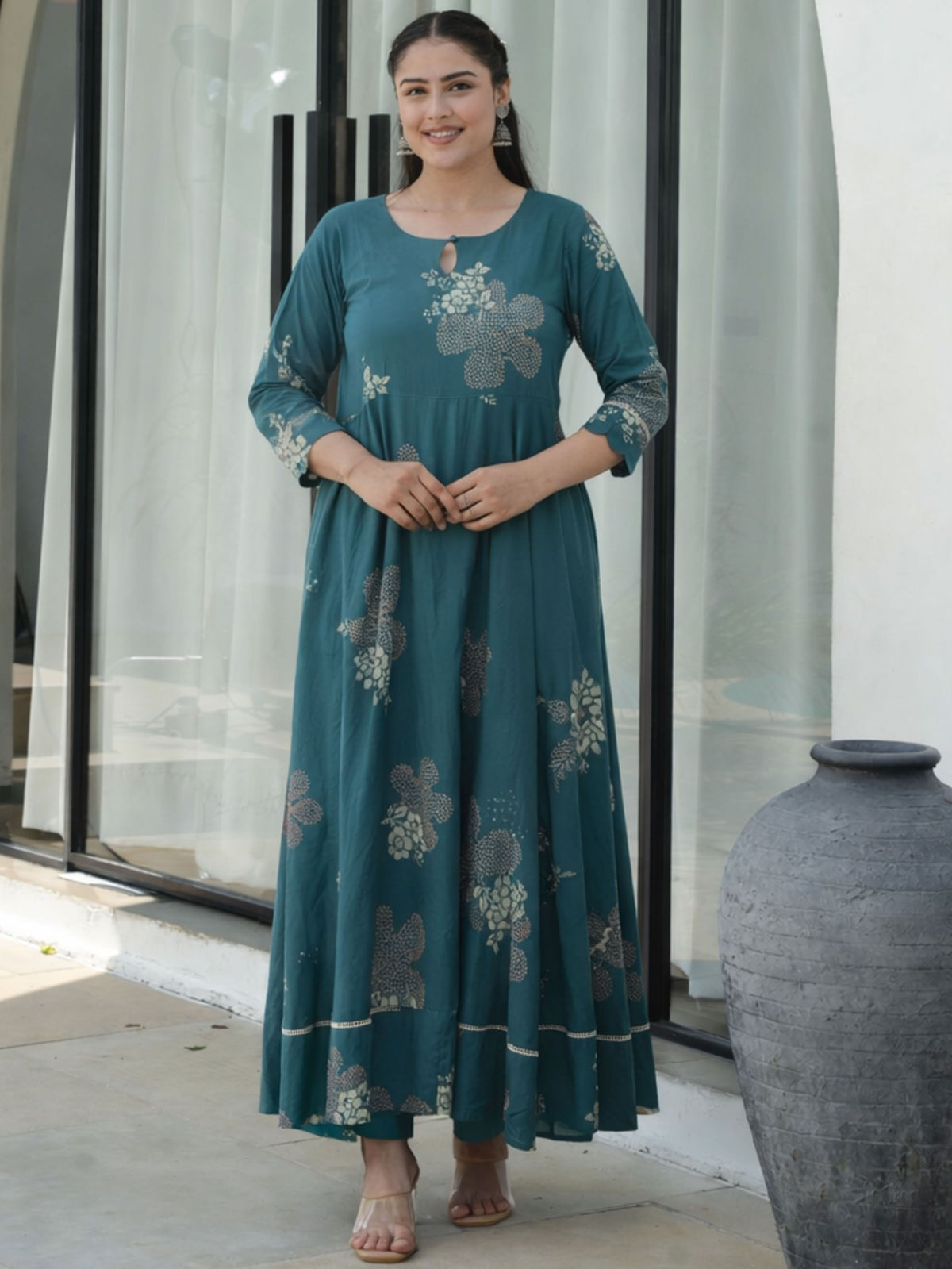 Soft Cotton Floral Anarkali Green Kurta