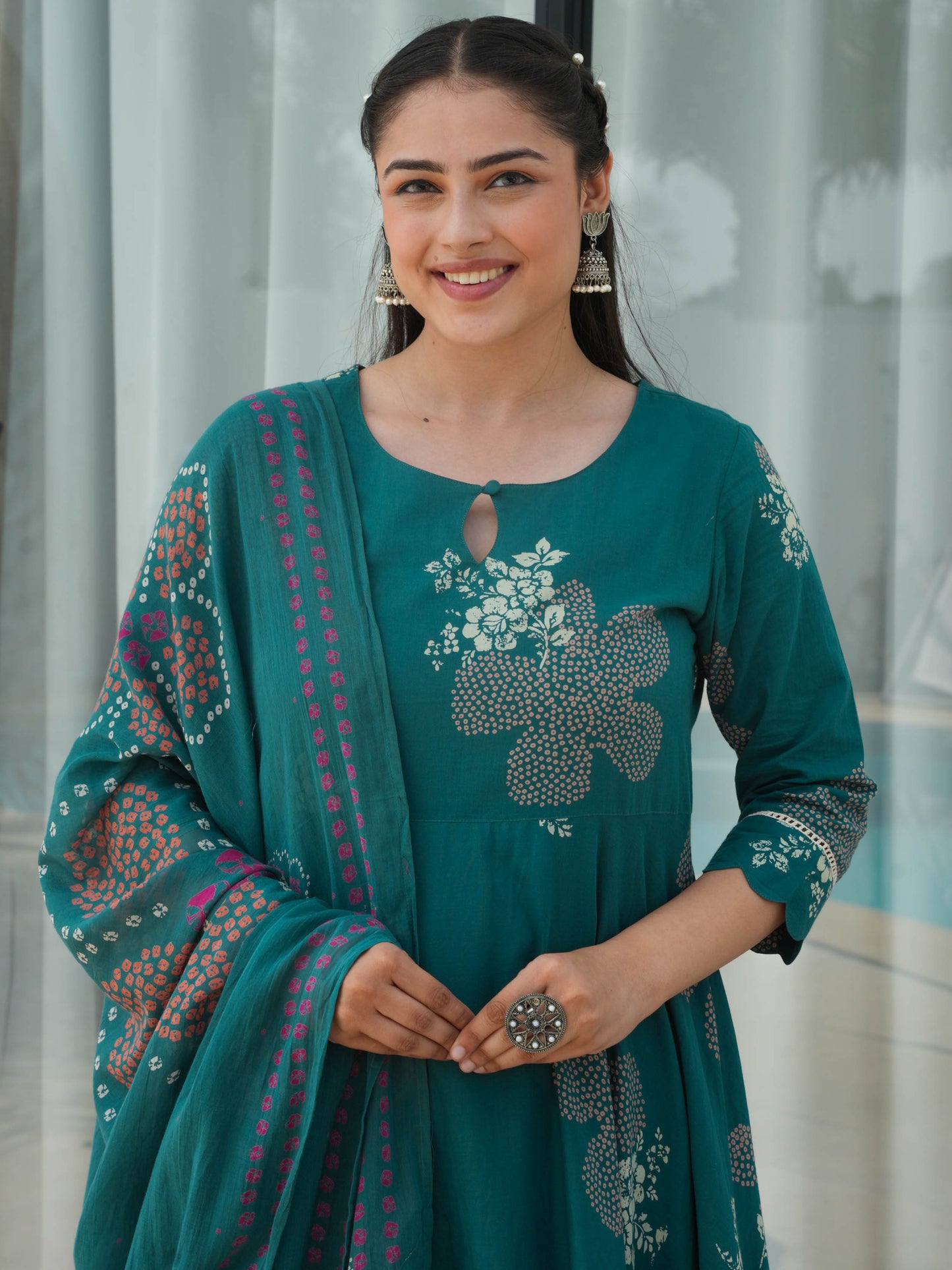 Soft Cotton Floral Anarkali Green Kurta