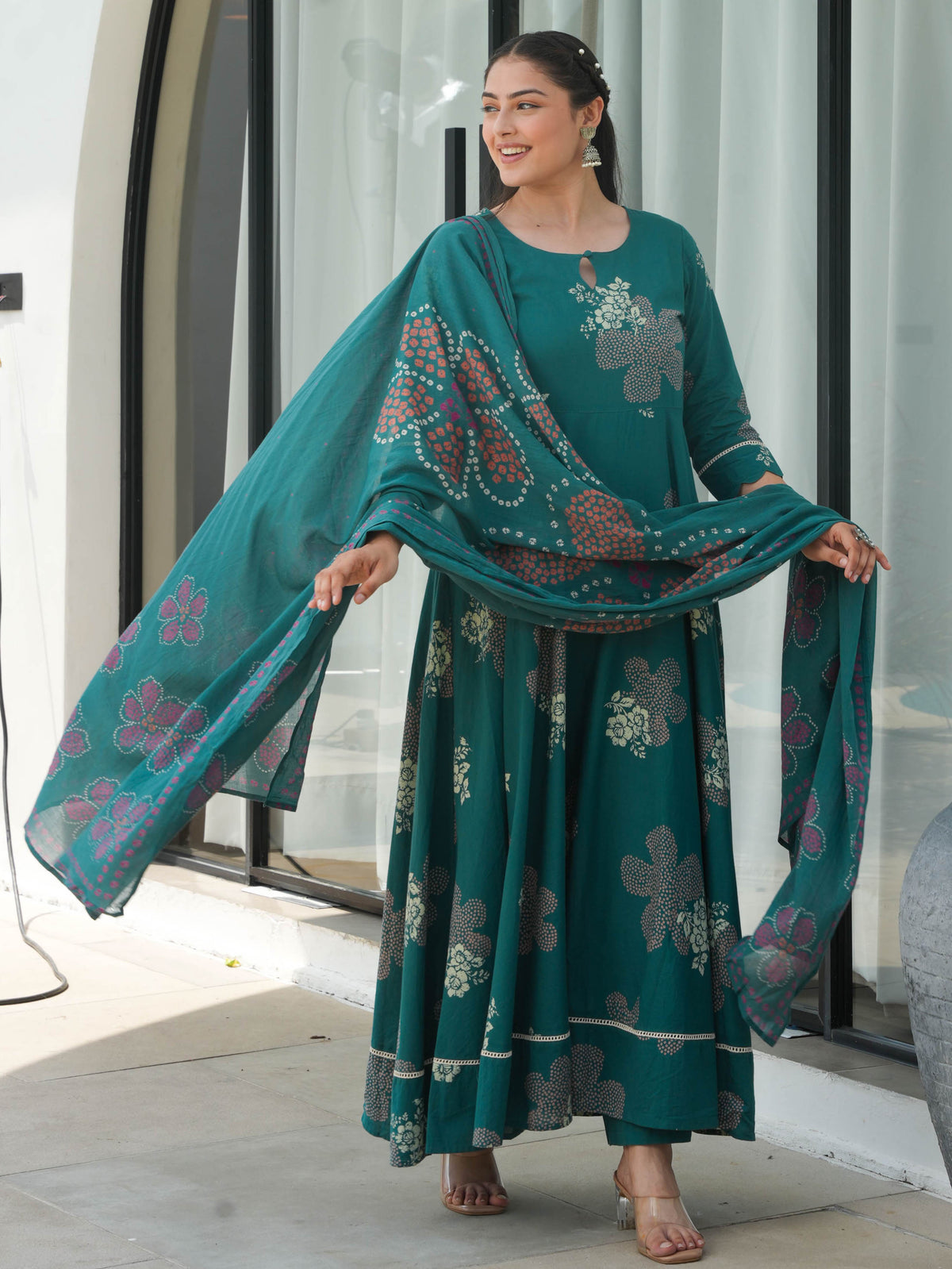 Soft Cotton Floral Anarkali Green Kurta