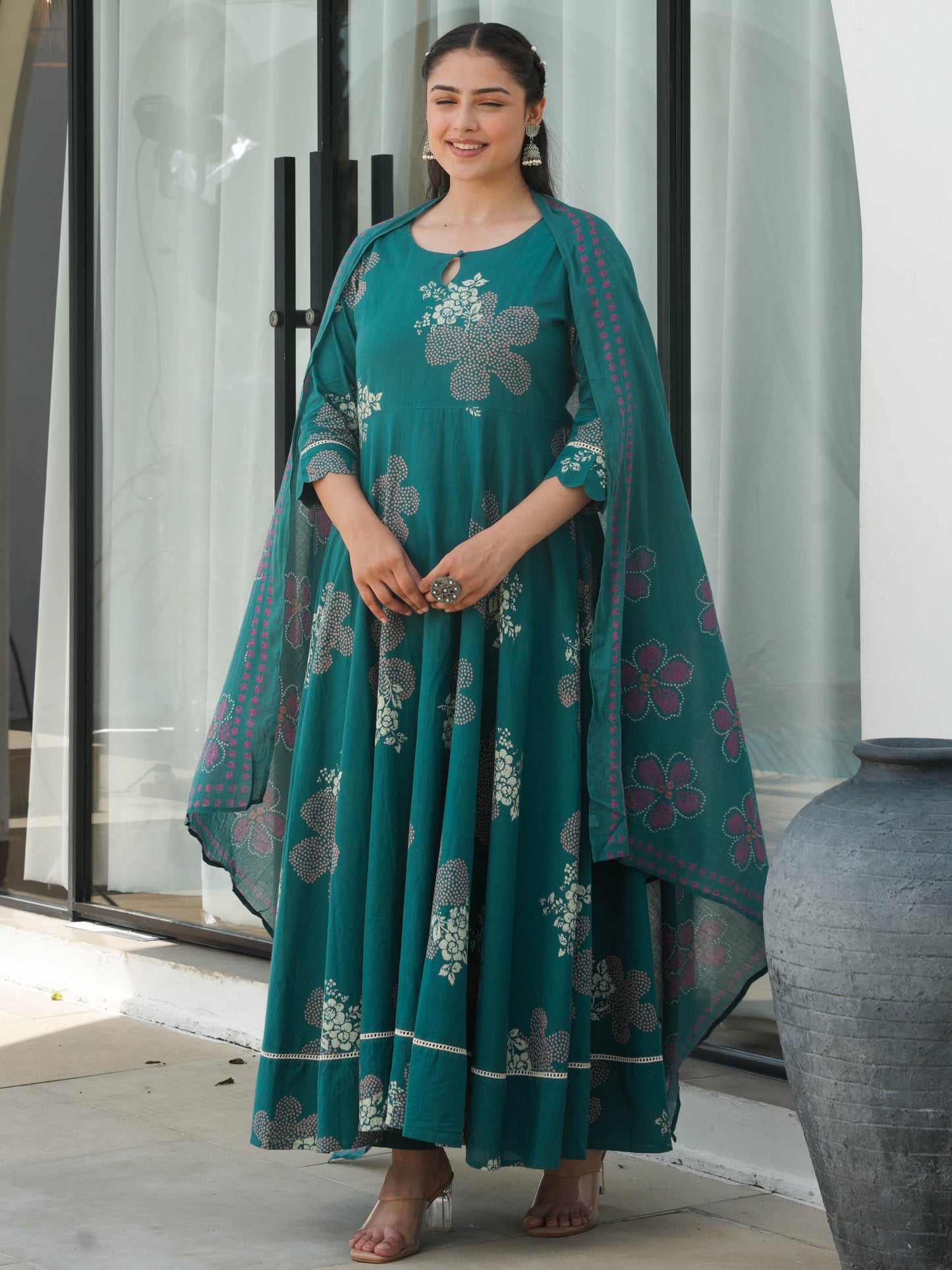 Soft Cotton Floral Anarkali Green Kurta
