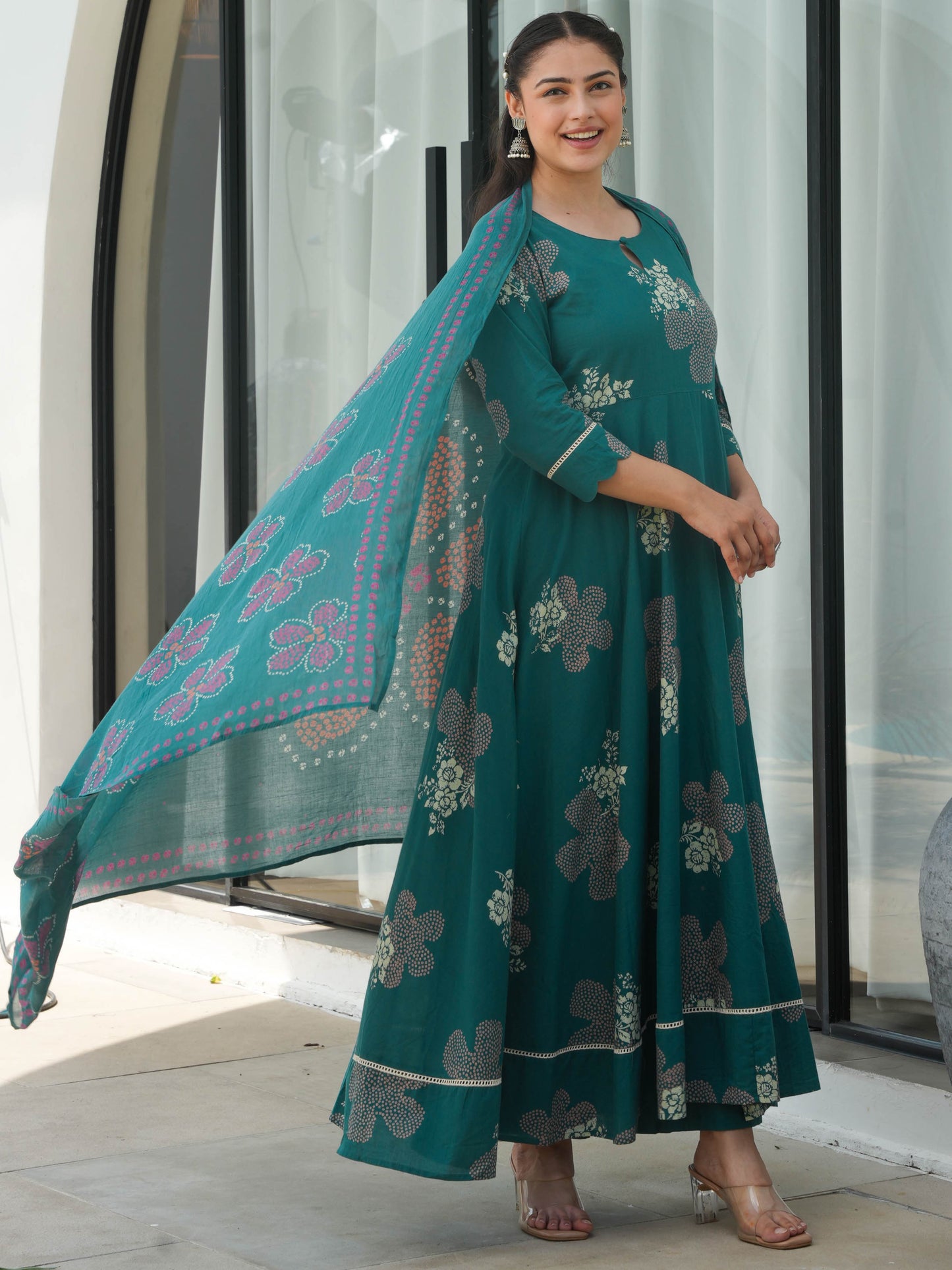 Soft Cotton Floral Anarkali Green Kurta