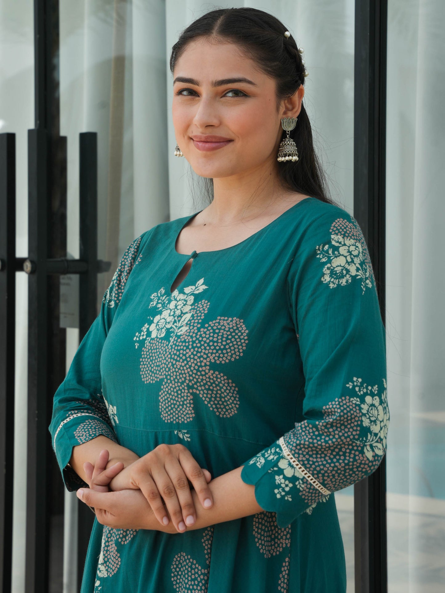 Soft Cotton Floral Anarkali Green Kurta