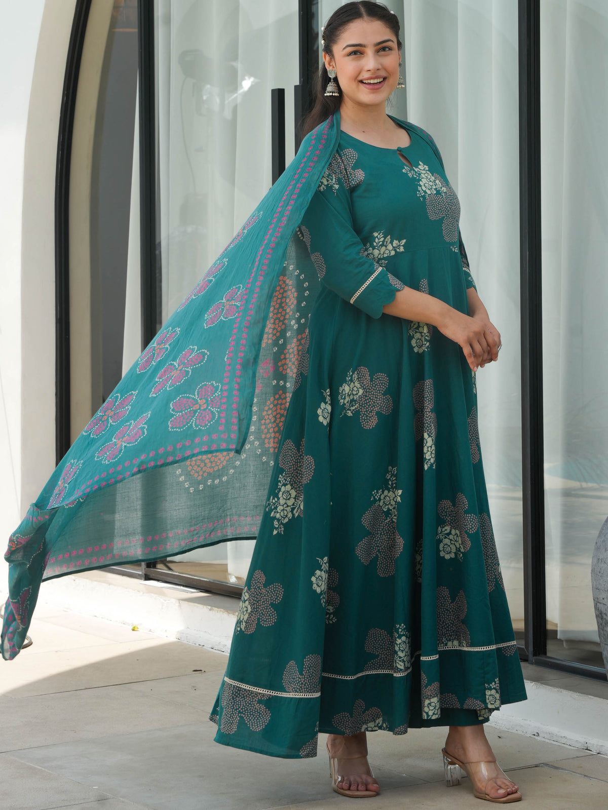Soft Cotton Floral Anarkali Green Kurta