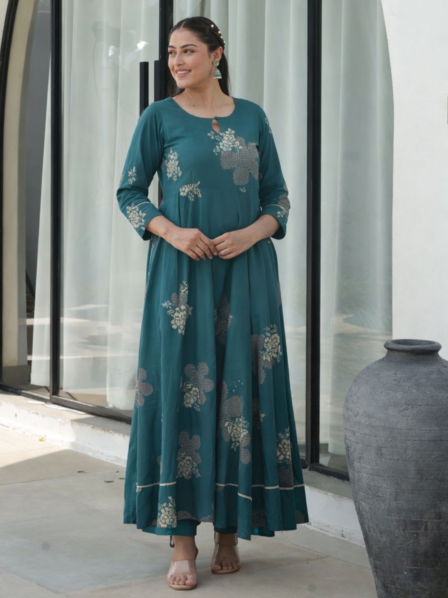 Soft Cotton Floral Anarkali Green Kurta