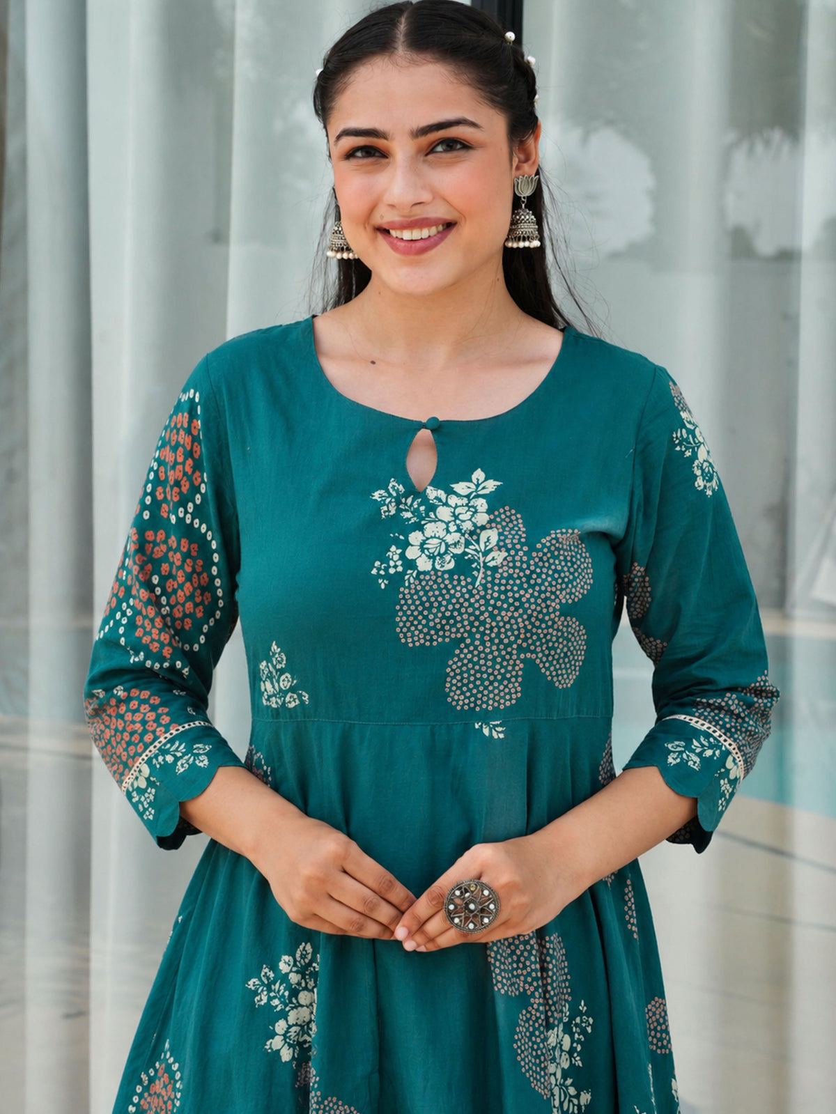 Soft Cotton Floral Anarkali Green Kurta