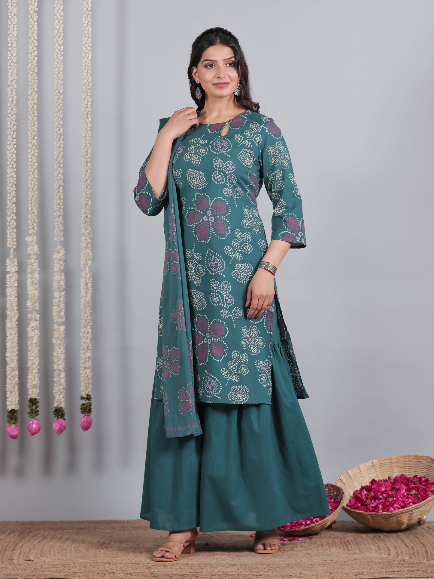Soft Cotton Floral Straight Teal Kurta