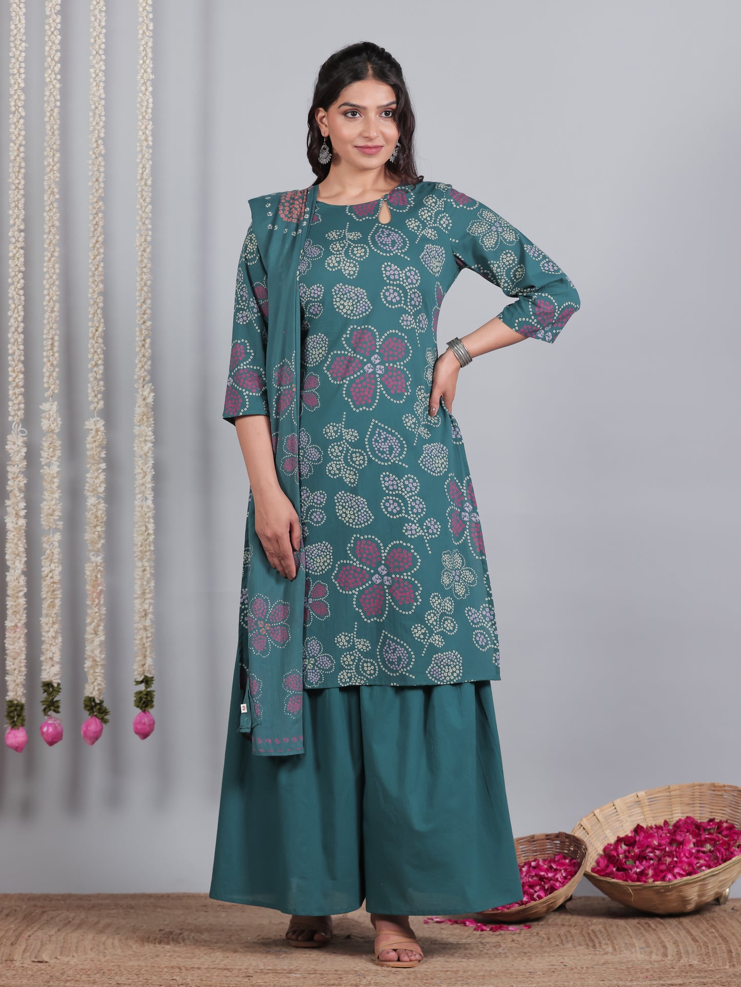 Soft Cotton Floral Straight Teal Kurta