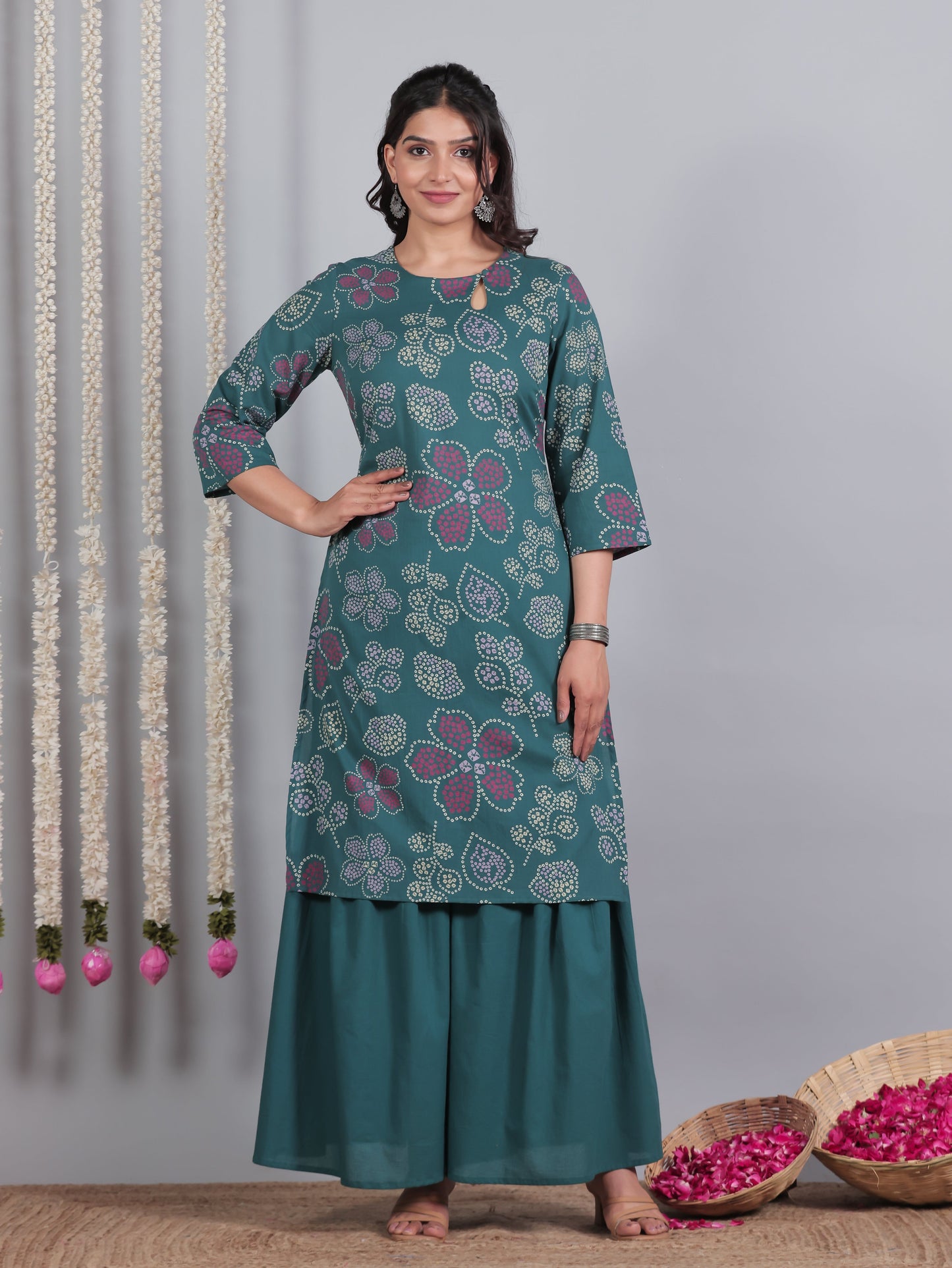 Soft Cotton Floral Straight Teal Kurta
