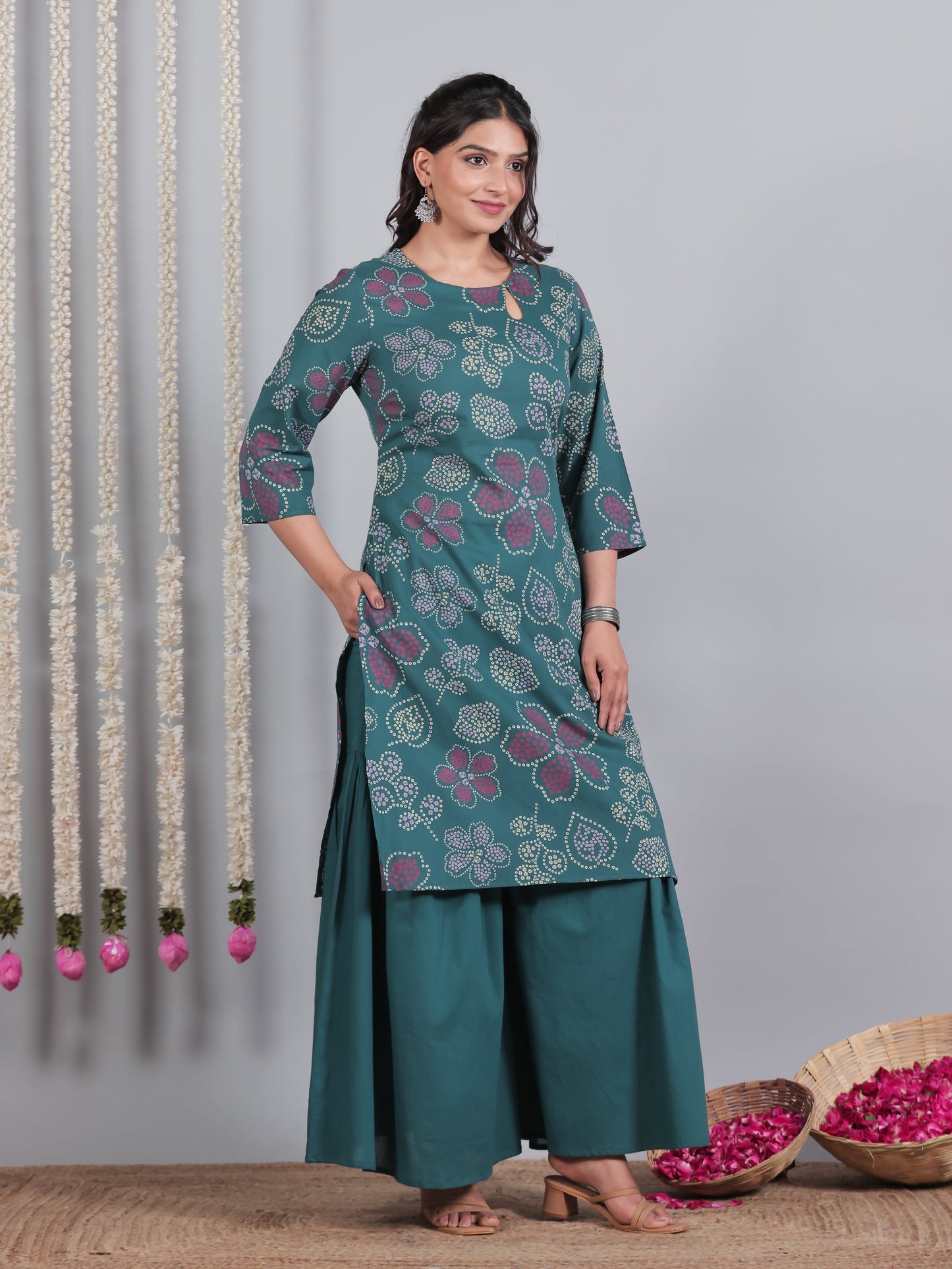 Soft Cotton Floral Straight Teal Kurta