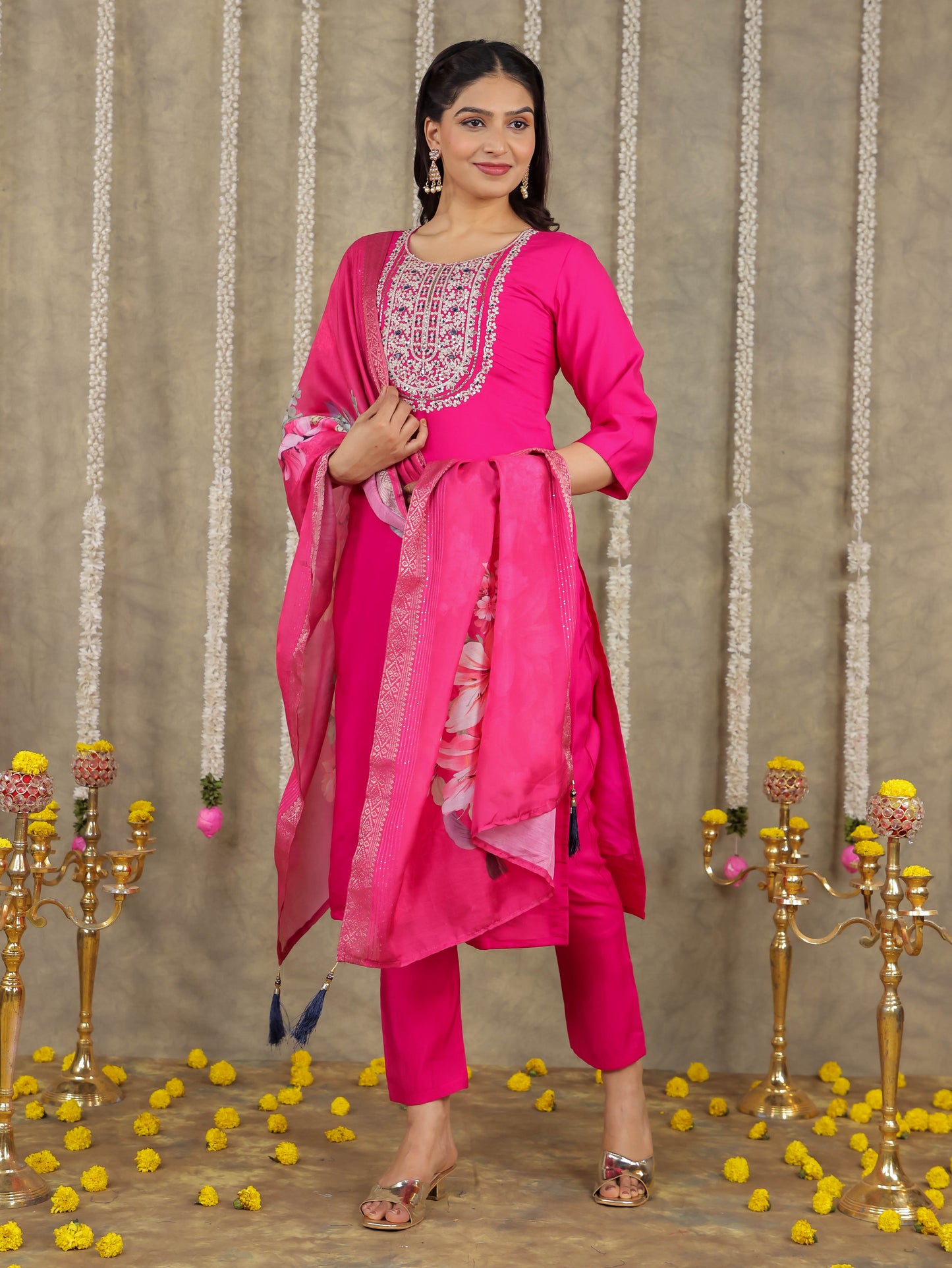 Embroidered Romen silk Solid Pink Kurta
