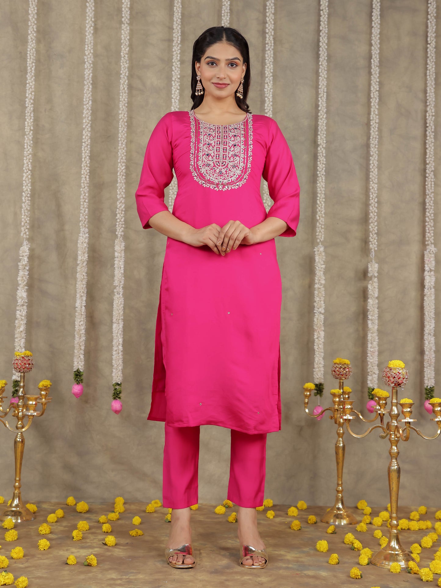 Embroidered Romen silk Solid Pink Kurta