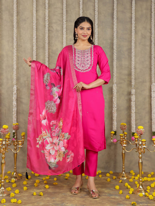 Embroidered Romen silk Solid Pink Kurta