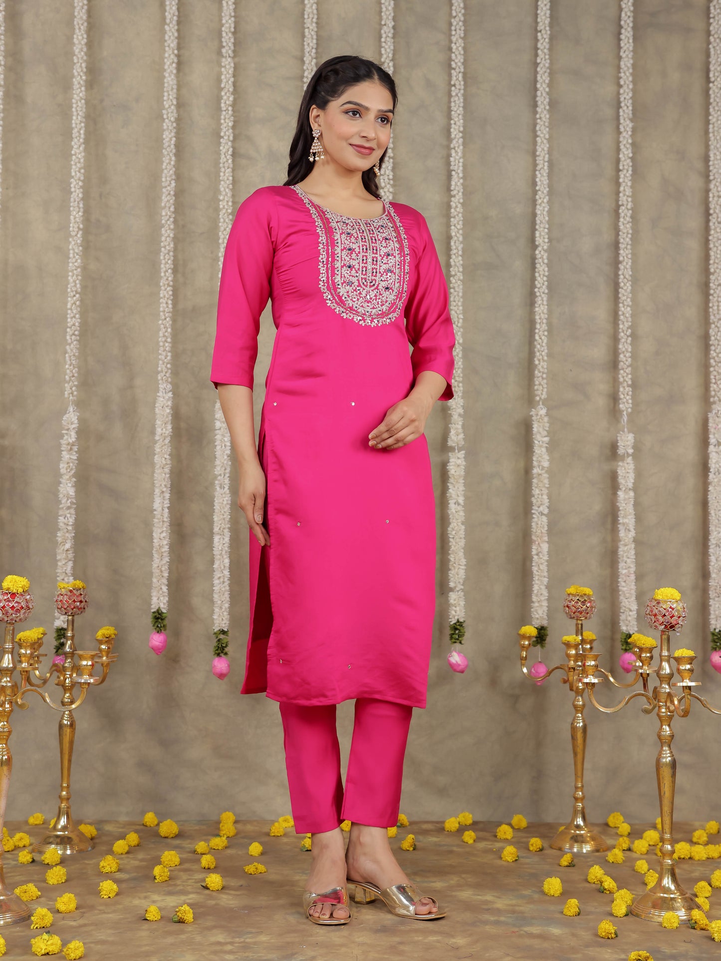 Embroidered Romen silk Solid Pink Kurta