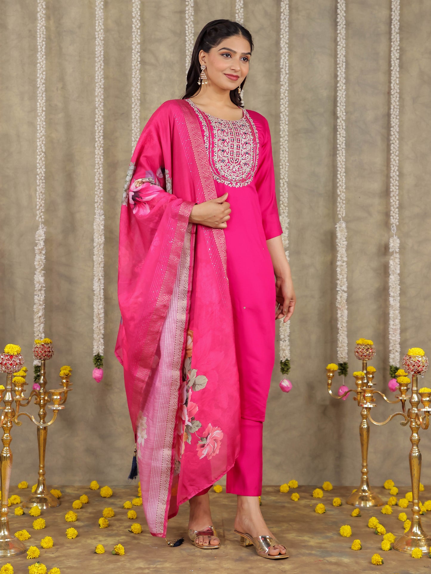 Embroidered Romen silk Solid Pink Kurta