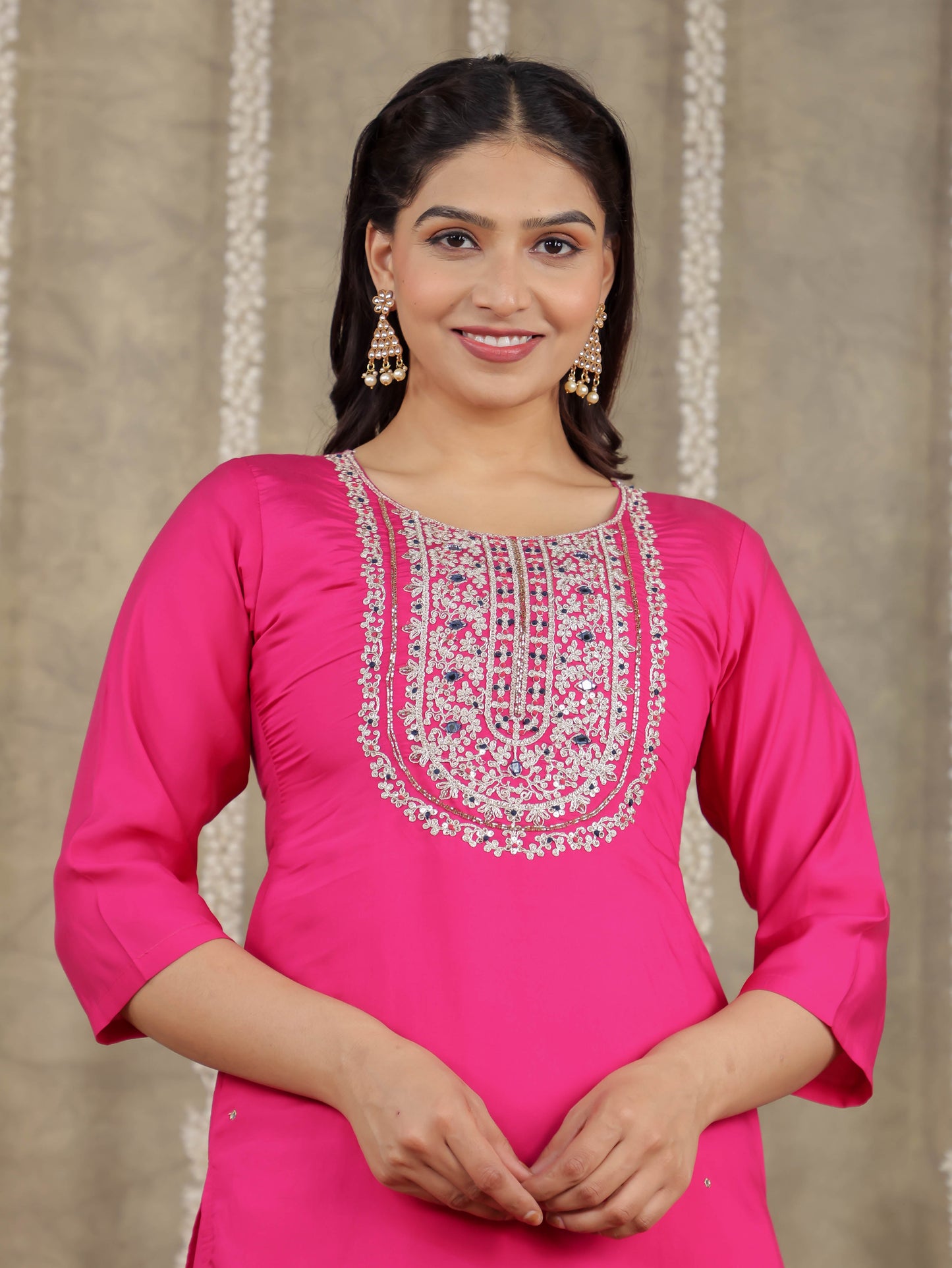 Embroidered Romen silk Solid Pink Kurta