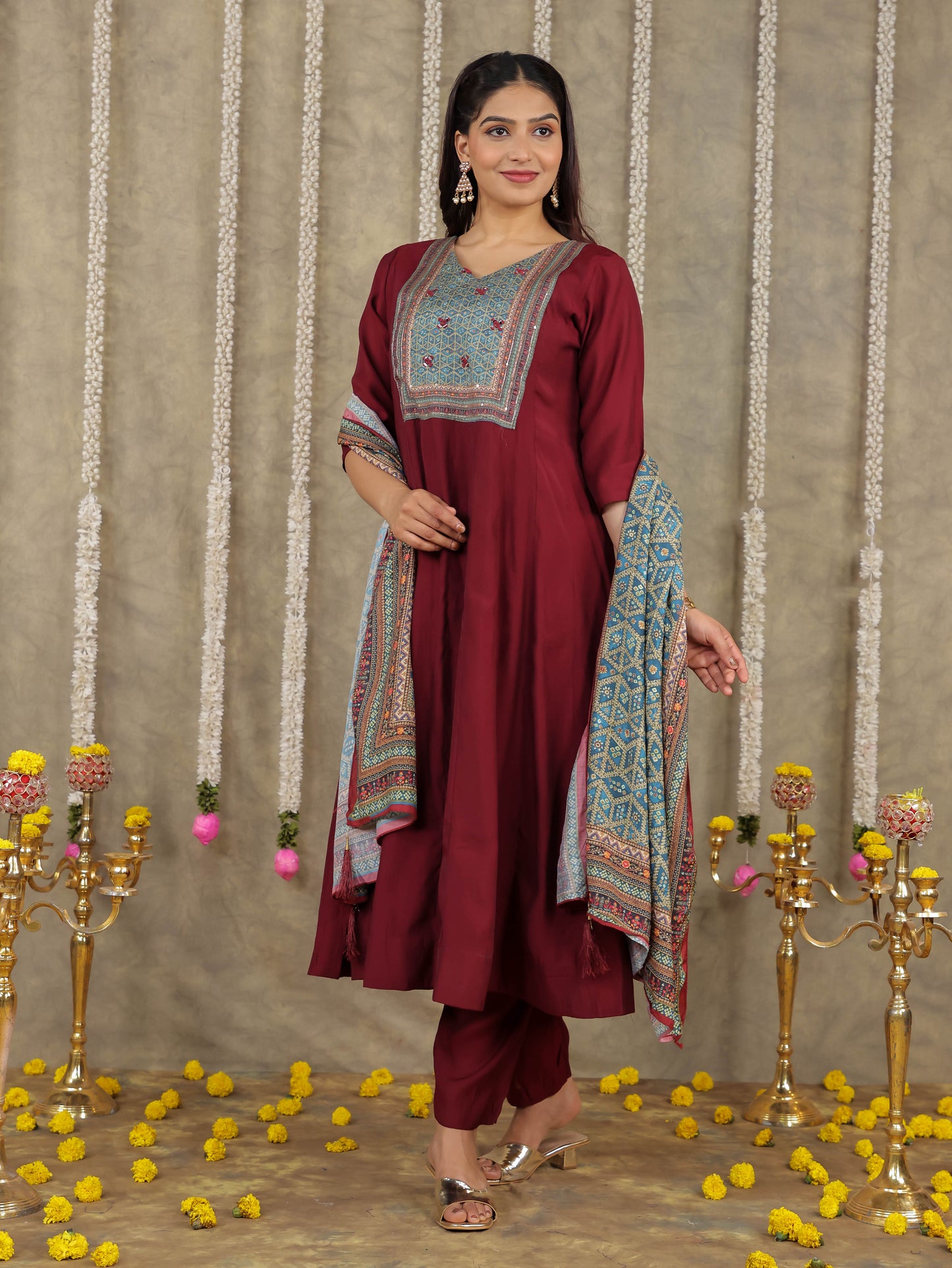 Embroidered Romen silk Solid Wine Kurta
